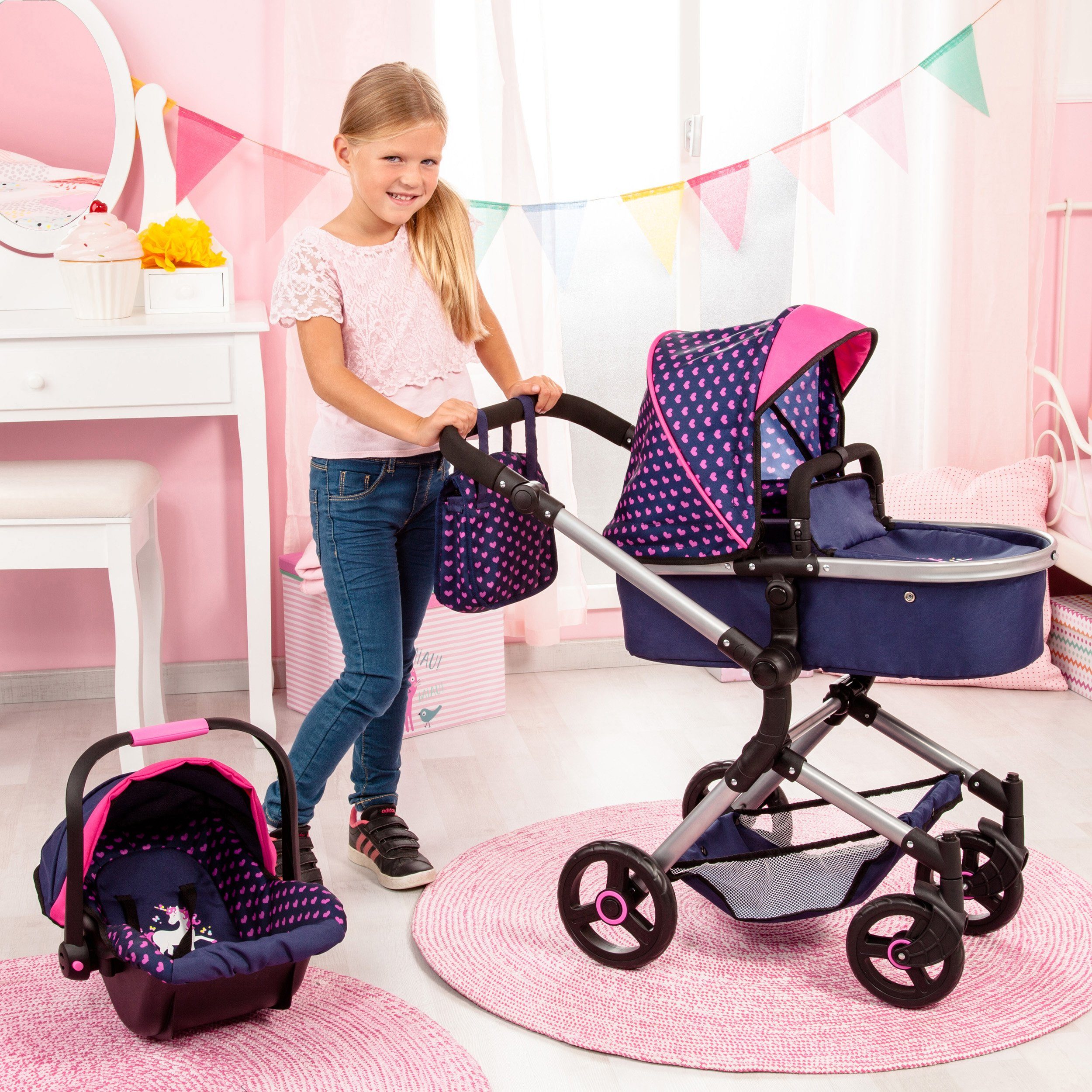 Kombi-Puppenwagen Vario, Blau/Pink