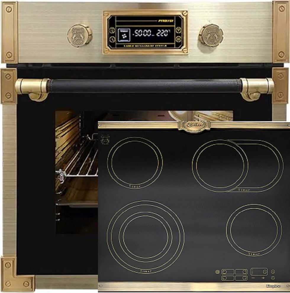 Backofen-Set Herd Set Autark Retro Einbau Backofen Elektro, 73 L mit Glaskeramik Kochfeld 60 cm Einbau Herd 4 QuickHeat-Kochzonen Hi-Light Schwarz EH 6427 AD+KCT 6185 Em ..