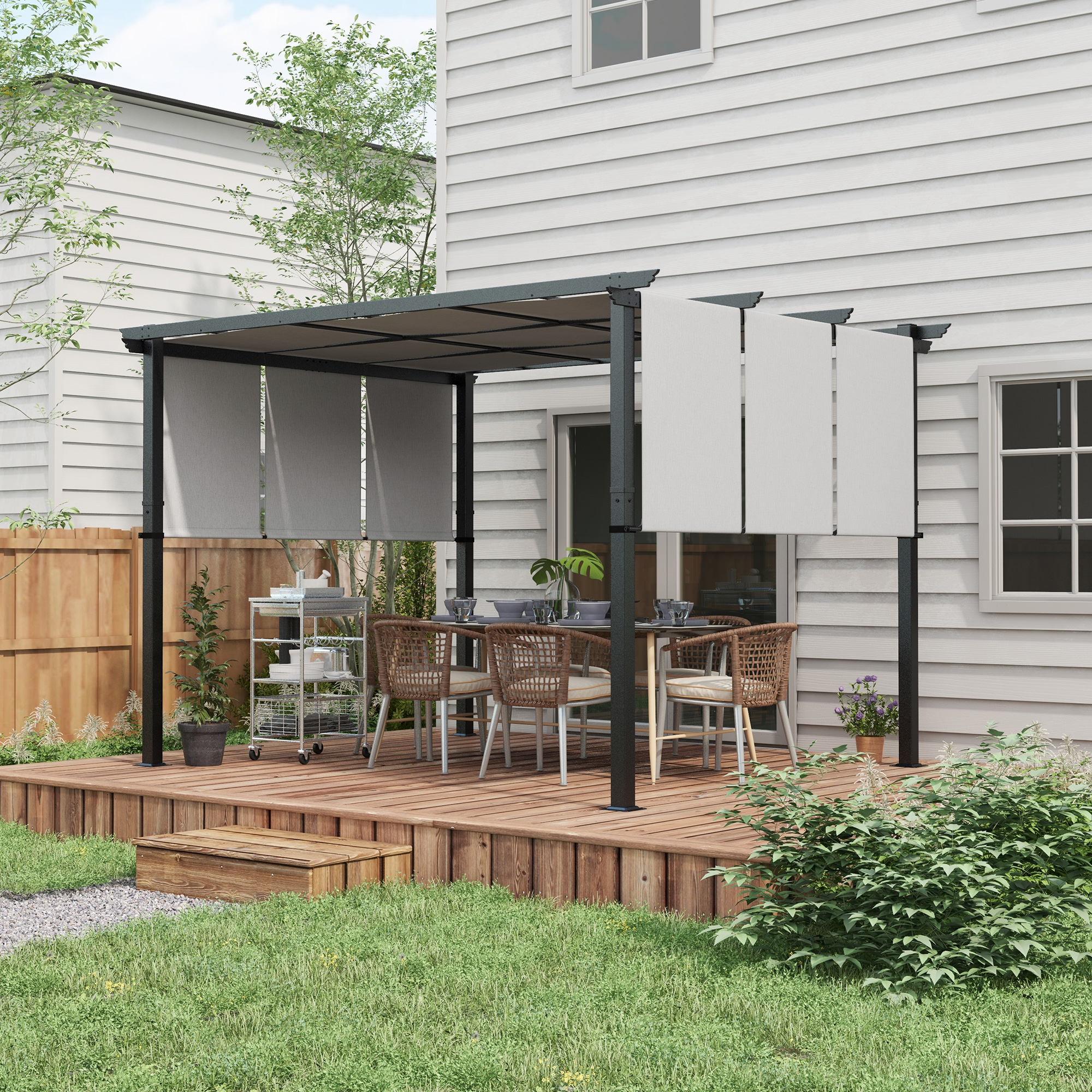 Outsunny Pergola mit 3 verschiebbaren Stoffen 3,5L x 3B x 2,35H m, Struktur aus verwitterungsbeständigem Epoxid-beschichtetem Schwarzem Metall, Stoff aus Polyester in Grau