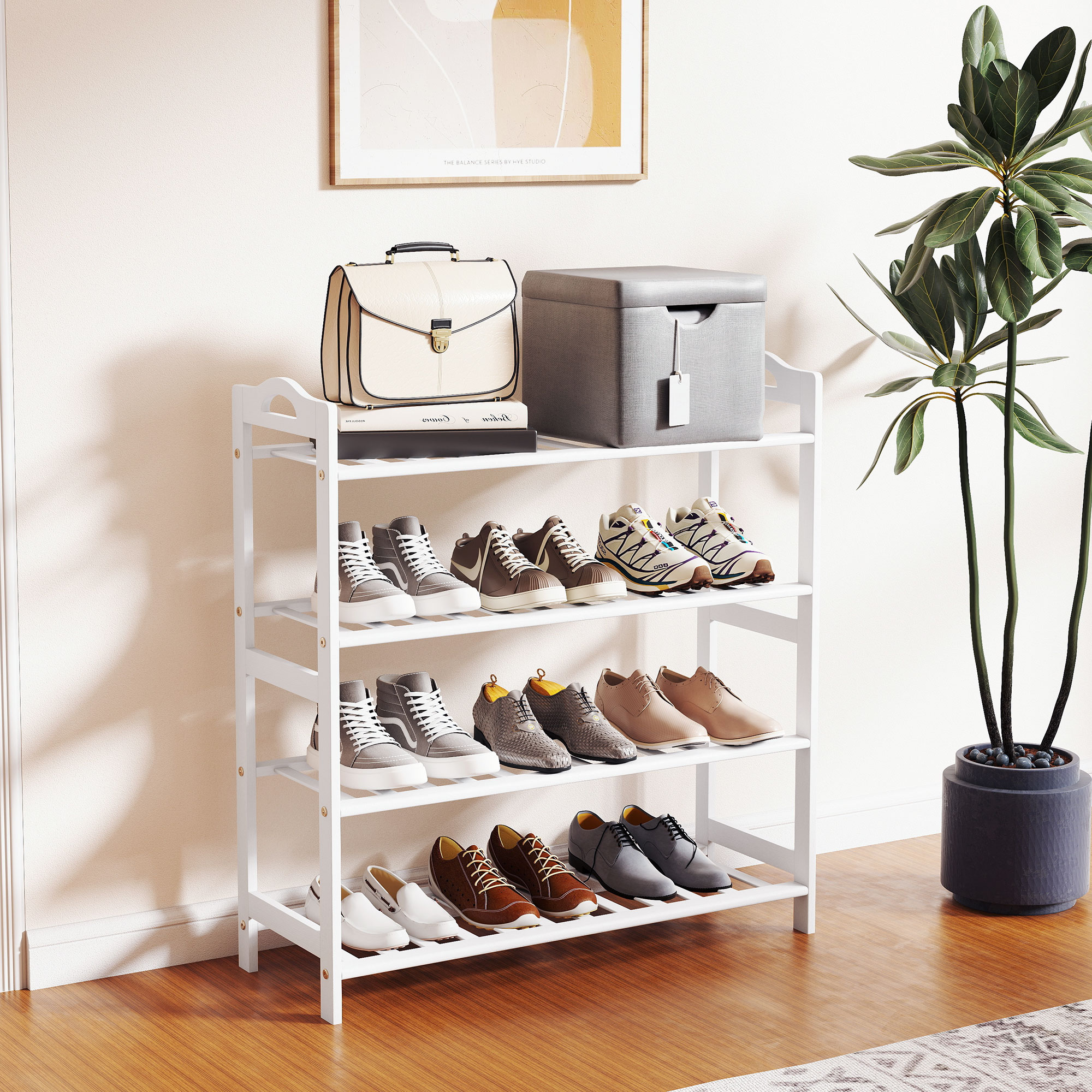 HOMCOM Bambus Schuhregal für 12 Paar Schuhe für Eingangsbereich Flur Schlafzimmer 67,5x24,7x72 cm Weiß