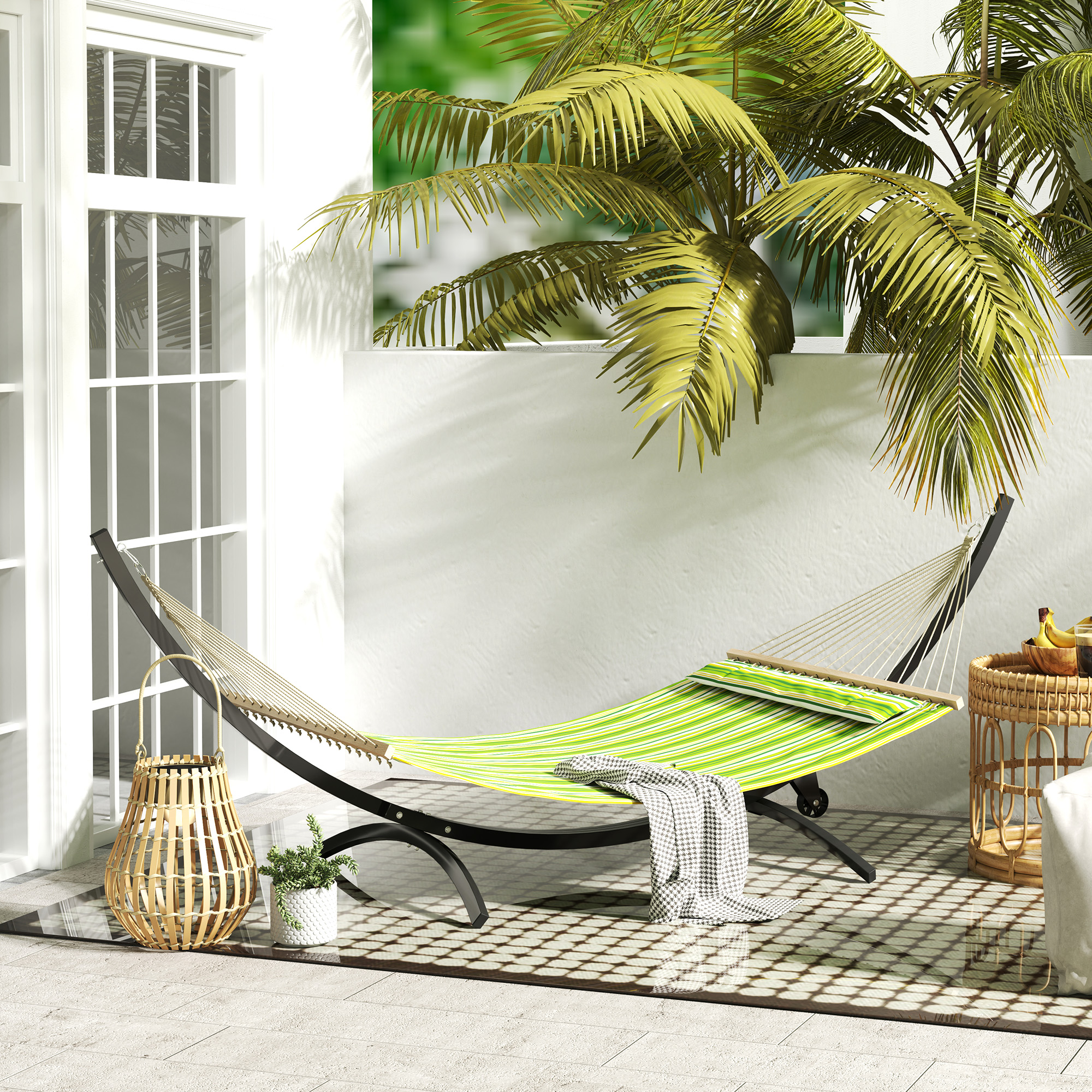 Outsunny Hängemattengestell aus Metall mit Rädern, Hängemattenständer bis 150 kg belastbar mit Ketten Haken 337 x 118 x 118 cm schwarz