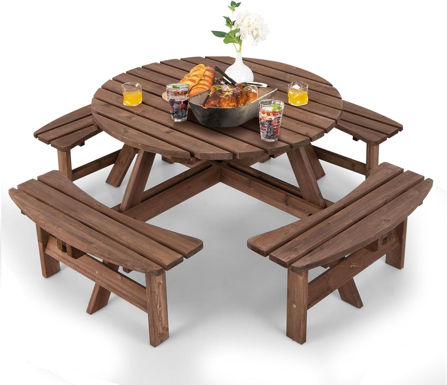 GIANTEX Round Wooden Outdoor Table and Benches Set, Garden Furniture Set for 8 People with Umbrella Hole, Weather Resistant, 178 x 178 x 70 cm