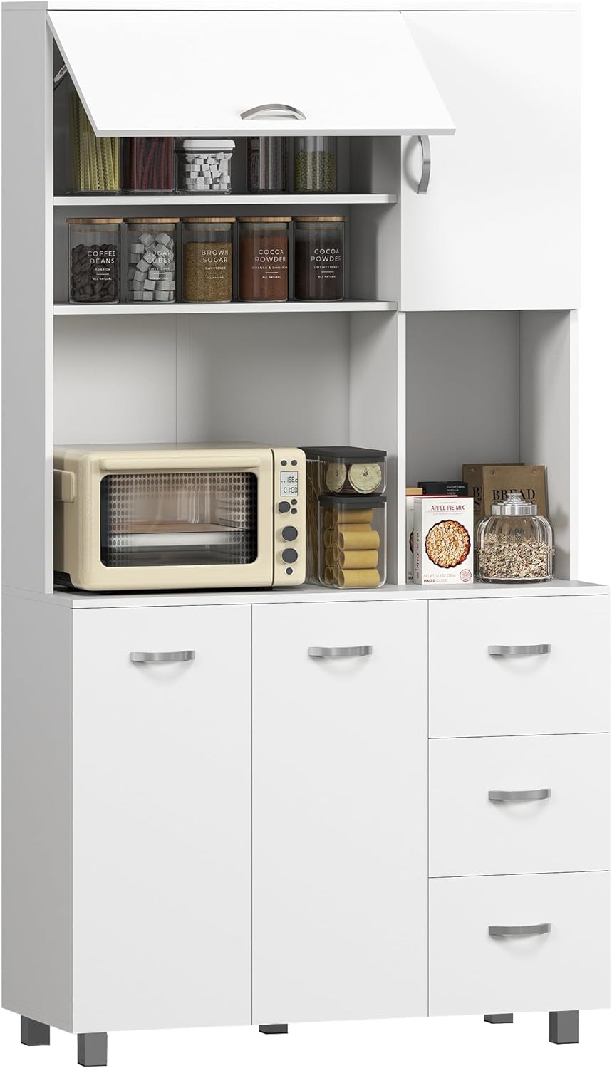 HOMCOM Credenza Alta Moderna con Cassetti e Armadietti, Mobile Cucina per Microonde con Ripiani Aperti, 100x39.5x183.5cm, Bianco