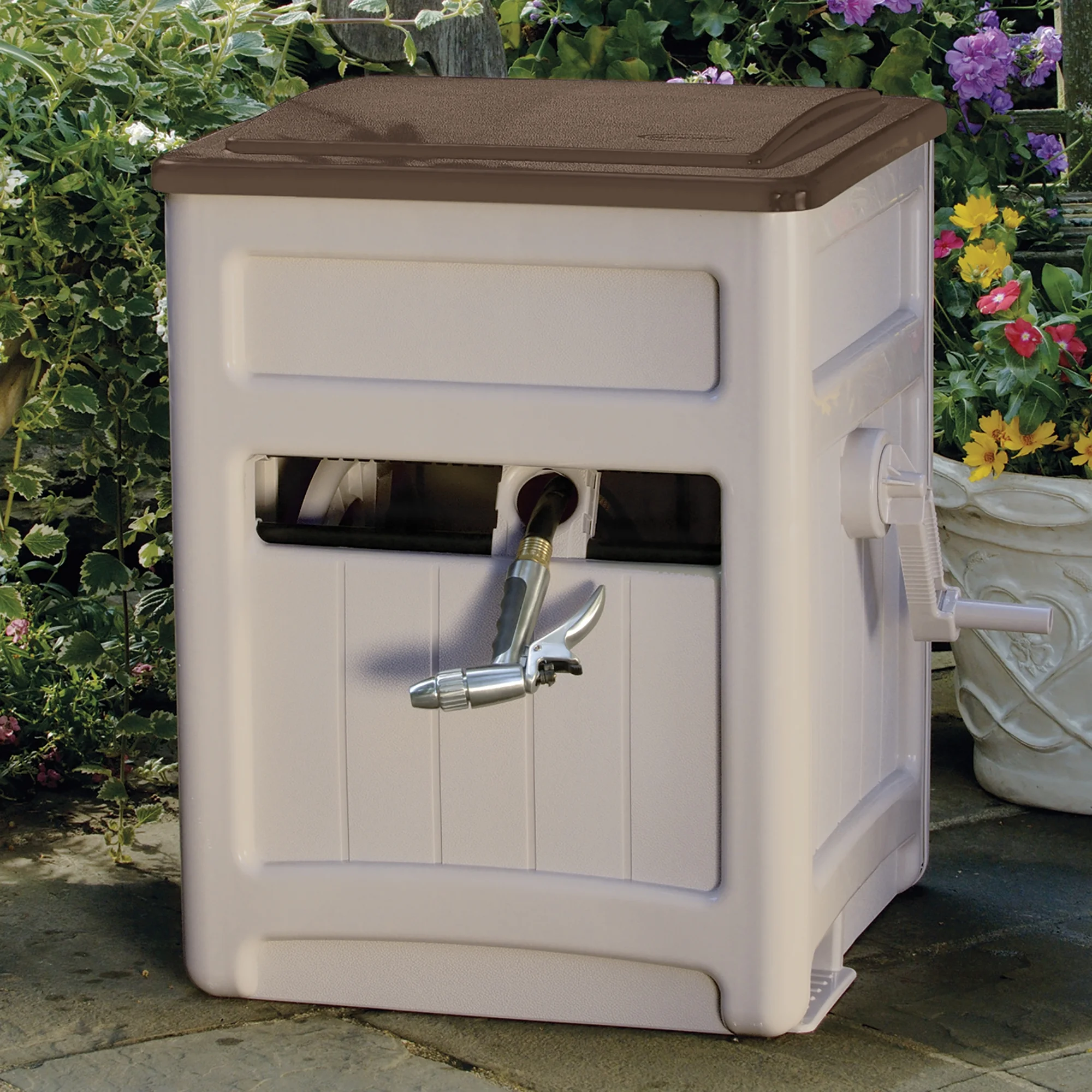 Suncast Hose Hideaway 225' Outdoor Garden Hose Reel with Storage Bin and Hose Guide, Taupe