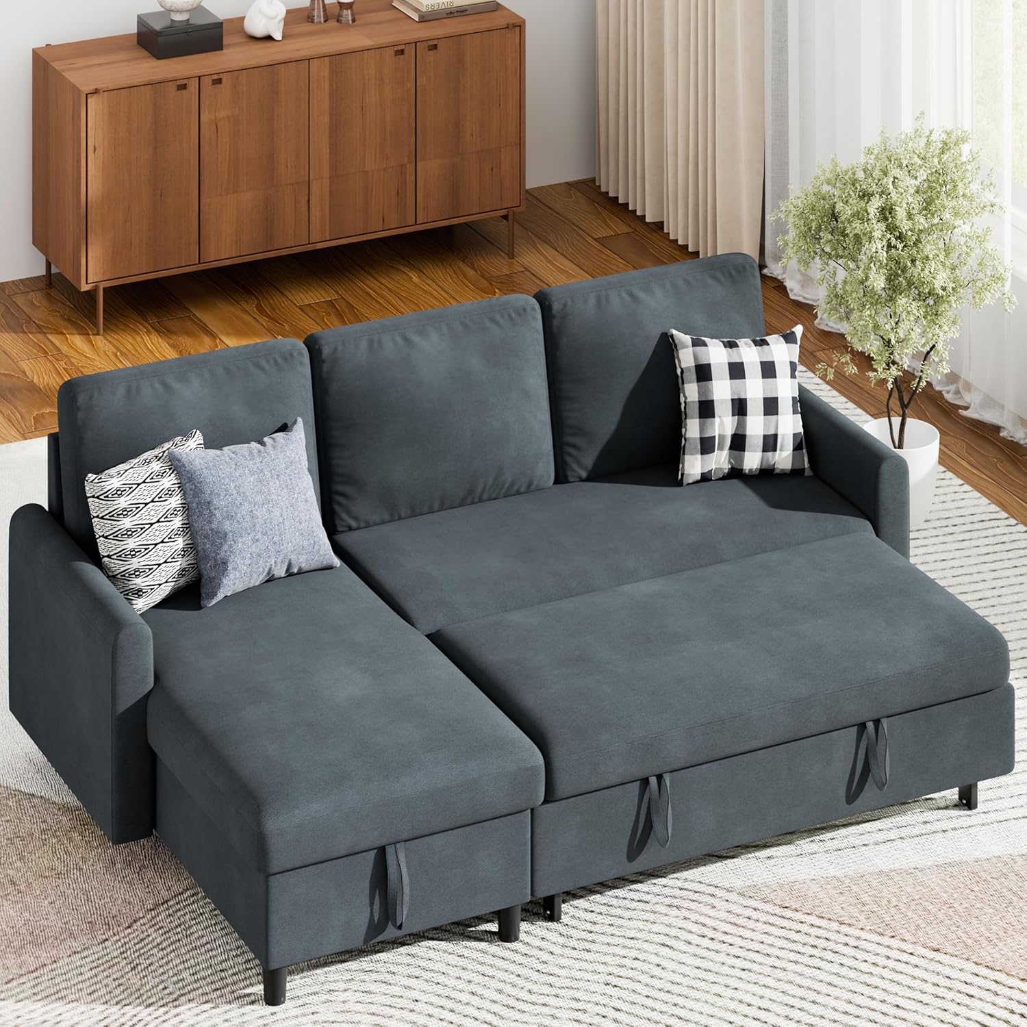 Shintenchi Pull-Out Sofa Bed with Storage Chaise, Grey
