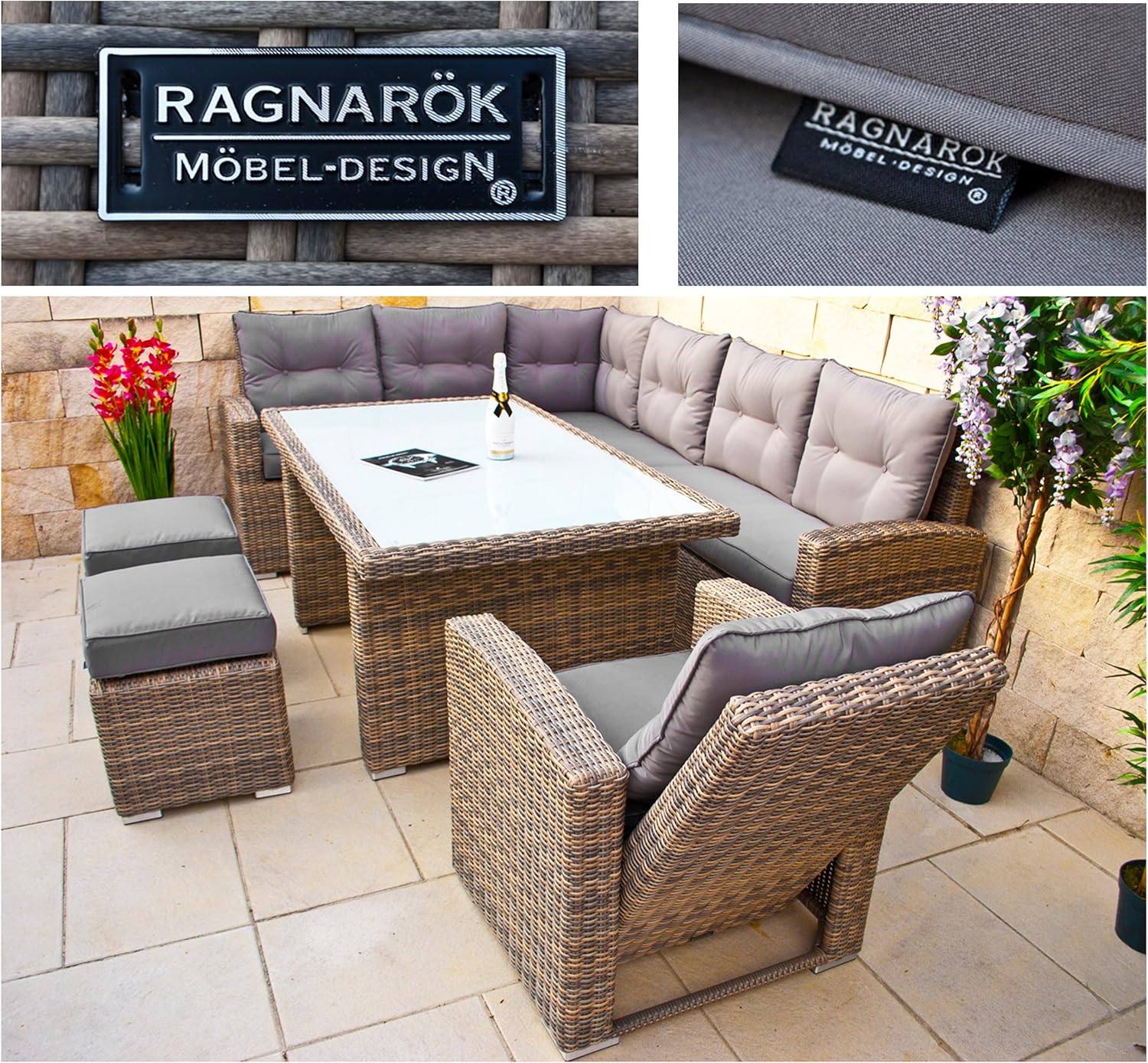 Ragnarök-Möbeldesign hohe Dining Lounge - DEUTSCHE Hersteller - 8 Jahre GARANTIE - EIGENE Produktion - PolyRattan Gartenmöbel Essgruppe Sessel Naturfarben Rundrattan Grau