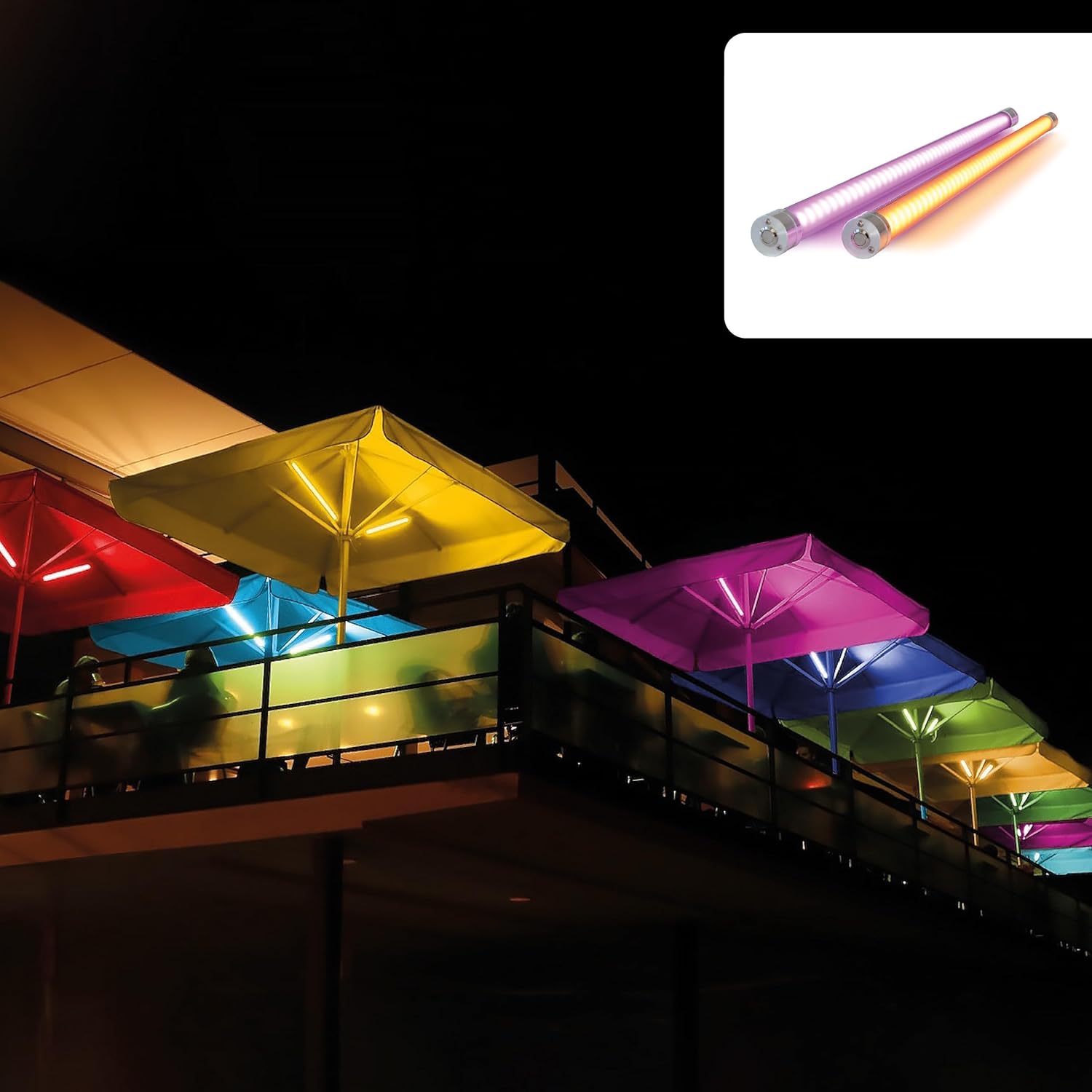 Lume1 kabellose Akku Sonnenschirmbeleuchtung - inkl. Akkus! 20 Farb- und Farbwechselprogramme Made in Germany! RGB + Warmweiß: 2.700 Kelvin, 1.920 Lumen (Pro 2er)