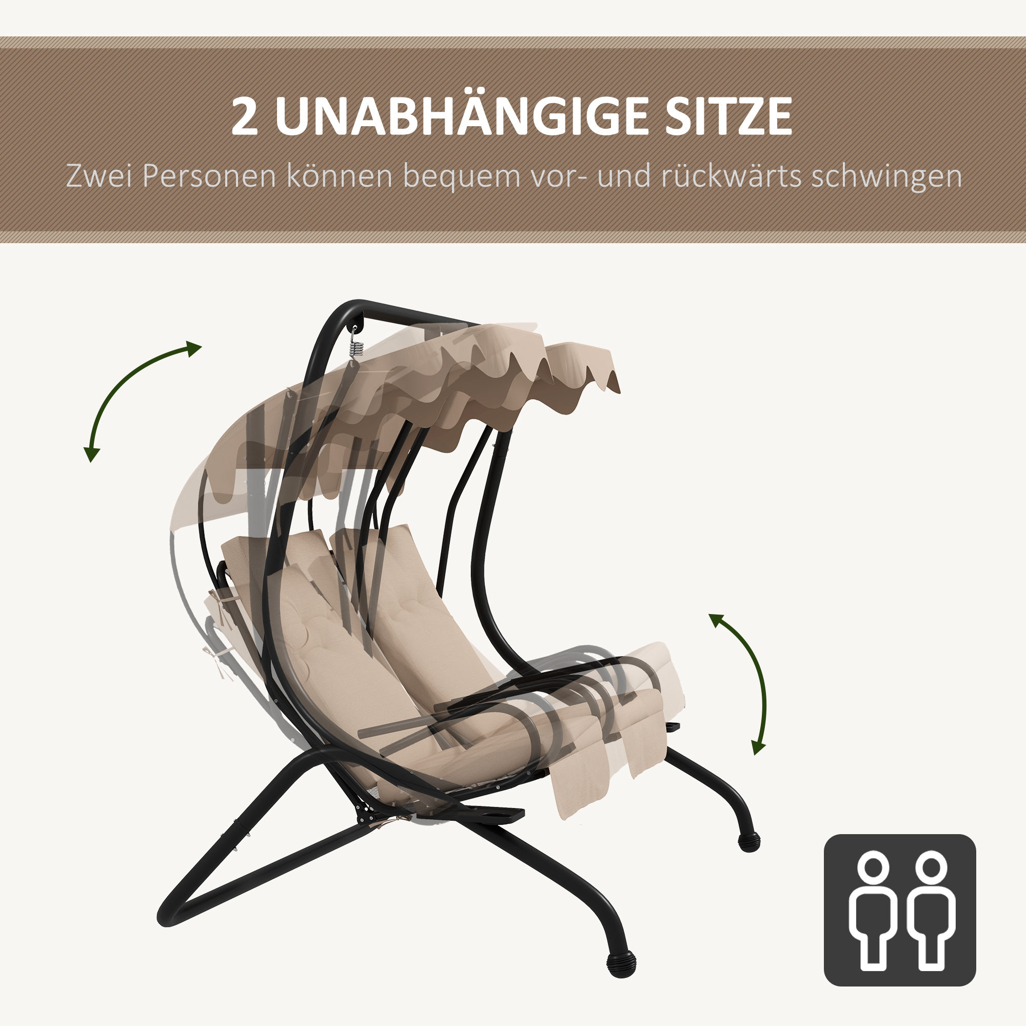 Tuinschommel Hollywoodschommel, weerbestendig, 2 gescheiden zitplaatsen, 2 bekerhouders, 170 cm x 136 cm x 170 cm, Beige