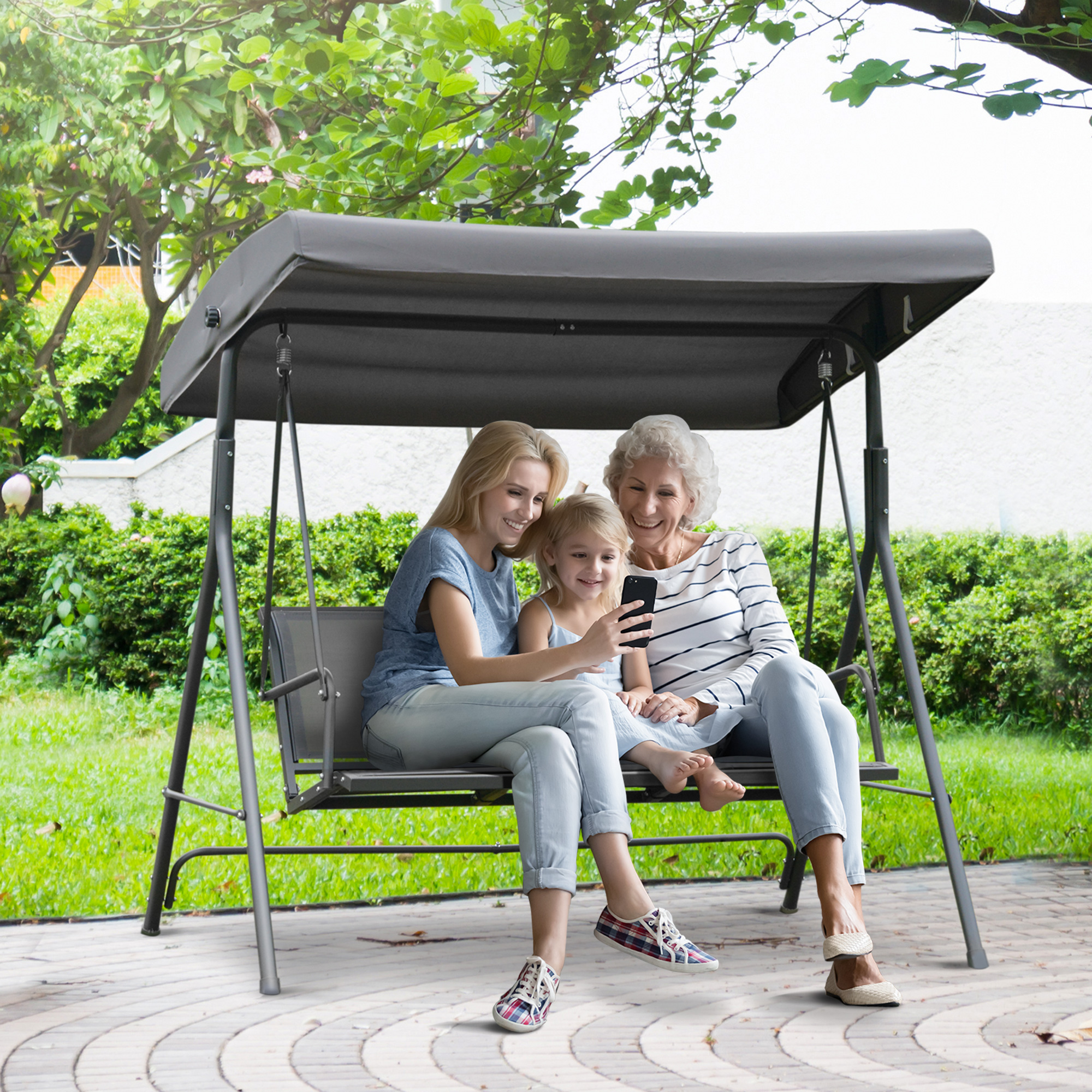 Outsunny Garten Hollywoodschaukel 3 Plätze Komfortables Dach, verstellbare Neigung, ergonomische Sitzfläche und Rückenlehne aus Stahl Textilene Grau