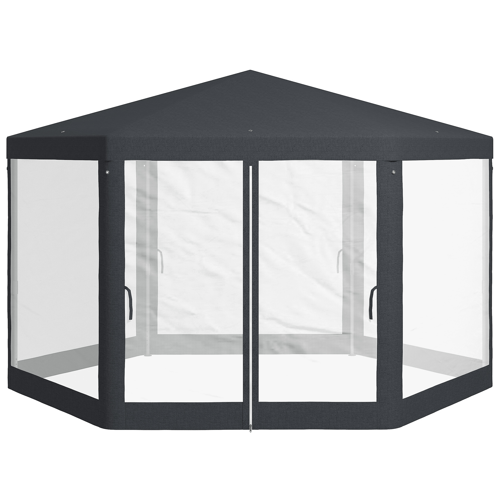 Outsunny Gartenpavillon, 6-eckig, Netzvorhänge, Metallgestell, 3,94x3,412x2,5m, Dunkelgrau