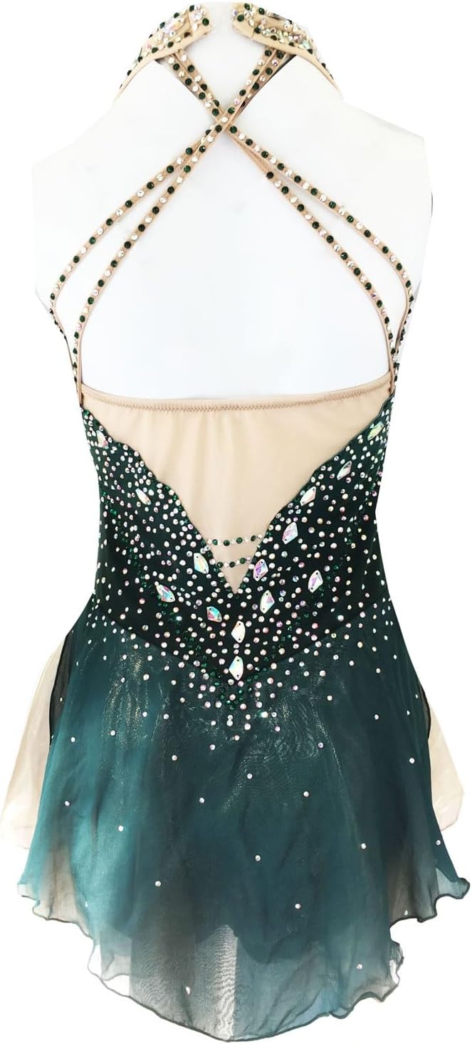 Eiskunstlauf Kleid Frauen Mädchen Eislaufen Kleid Dark Green Open Back Micro Elastisches Training Eislauf-Abnutzungs Strass Ärmellos Eislaufen Eiskunstlauf