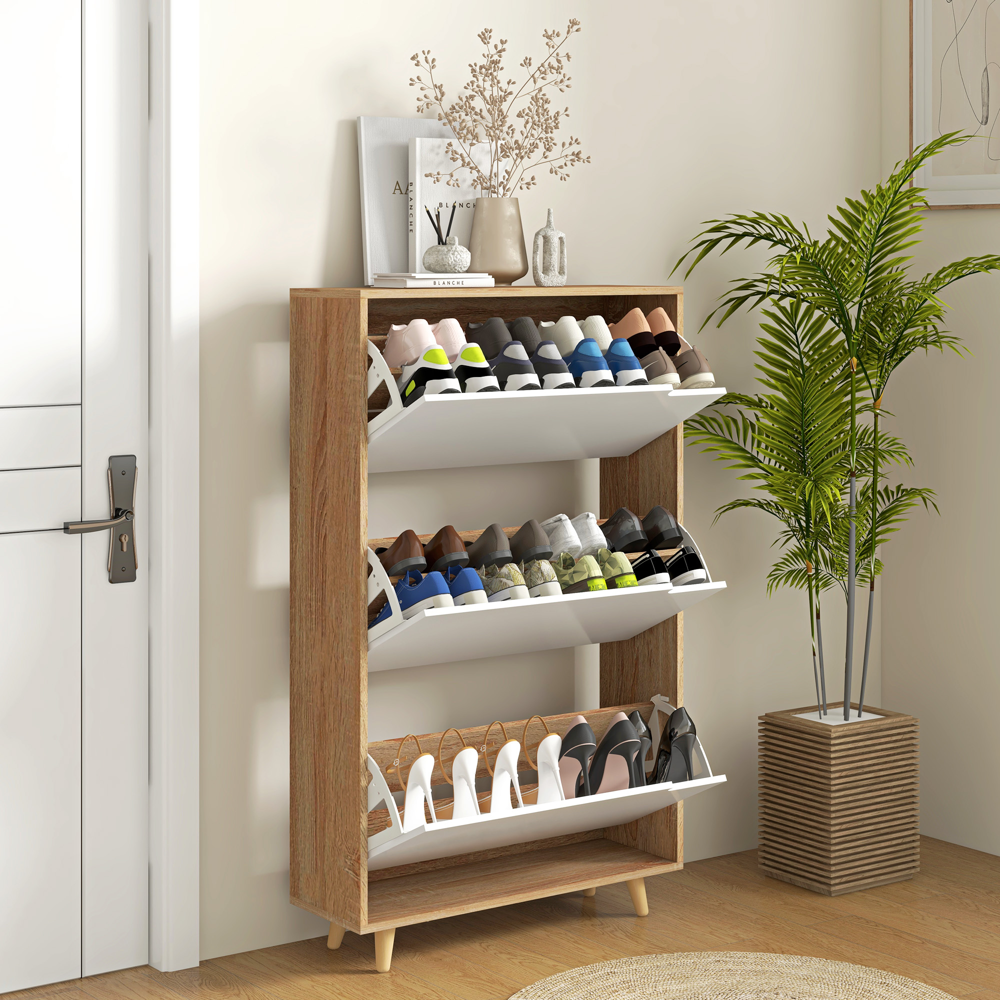 HOMCOM Schuhschrank 3 klappbare Türen mit verstellbarem Regal, 72B x 24T x 119H cm, Natur und Weiß