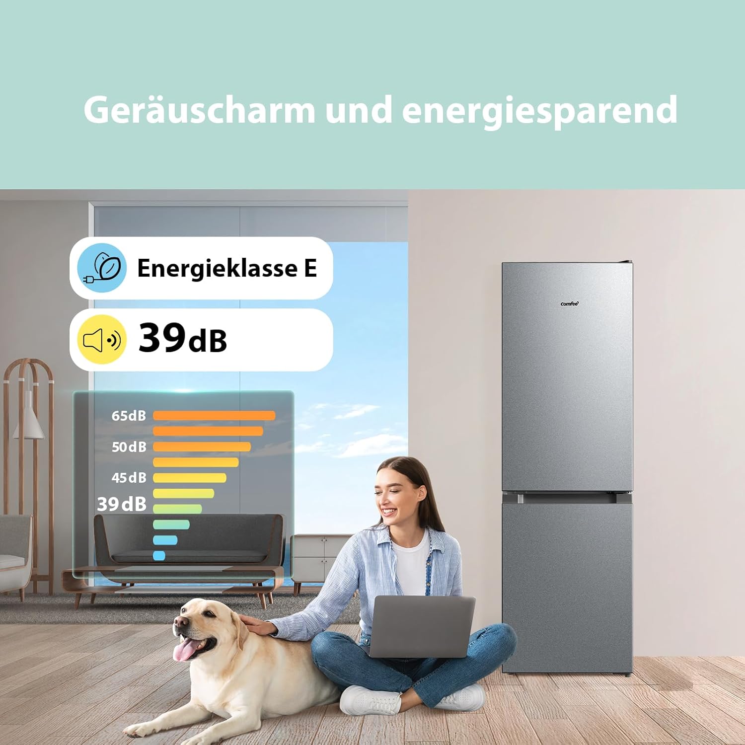 Comfee RCB169DK2(E) Fridge/Freezer Combination, 150 cm Height, Low Frost, Adjustable Fridge Temperature, LED Light, 195 kWh per Year, Fridge Capacity 115 L, 59 L Freezer, Black