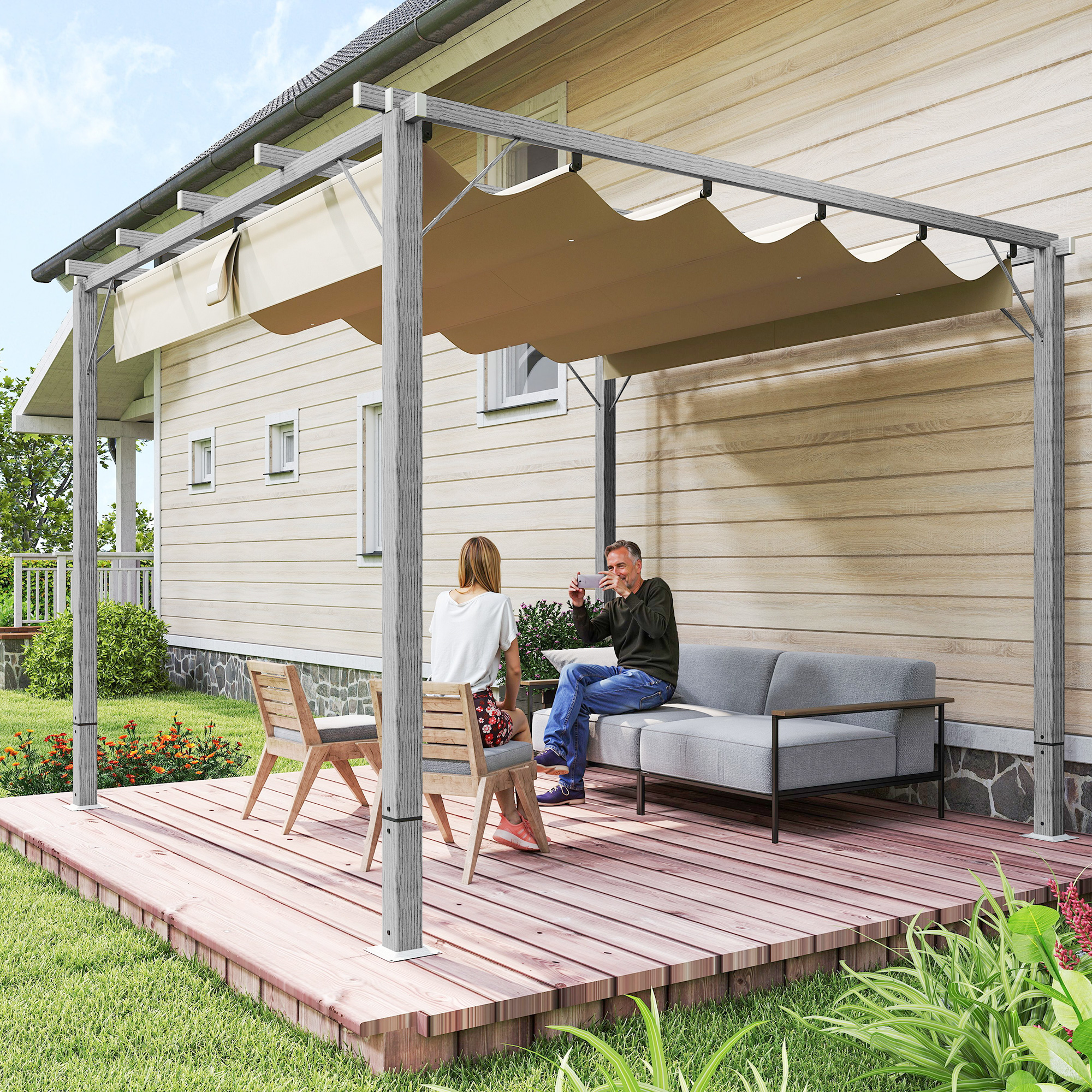 Outsunny 3 x 3 m Garten-Pergola, Verstellbares Terrassendach, Aluminium-Rahmen, UPF30+ Sonnenschutz, Grau