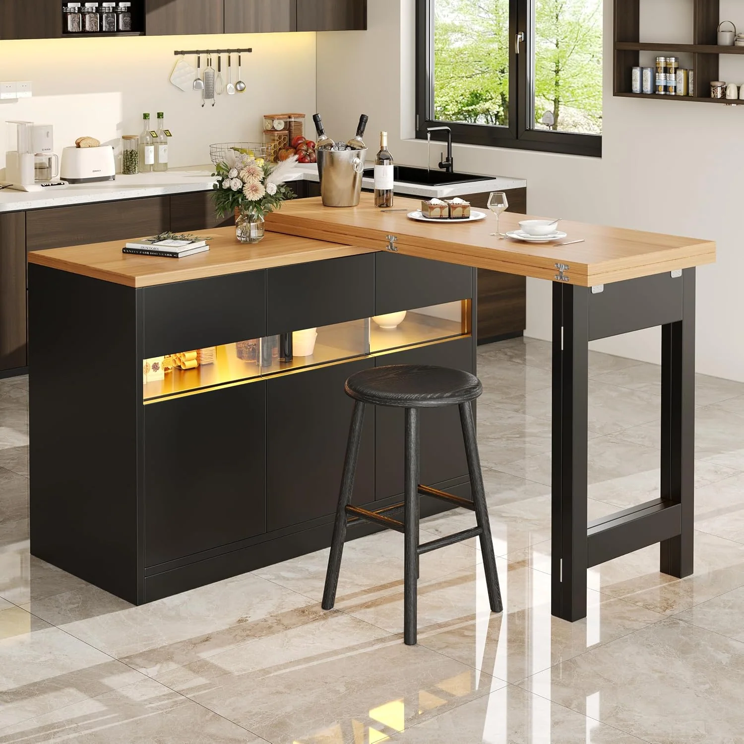Kebnor Ausziehbarer Bartisch mit LED-Beleuchtung und 360° Drehfunktion, Höhenverstellbar 120-180cm, Moderner Kücheninsel Tisch mit Stauraum, Esszimmer