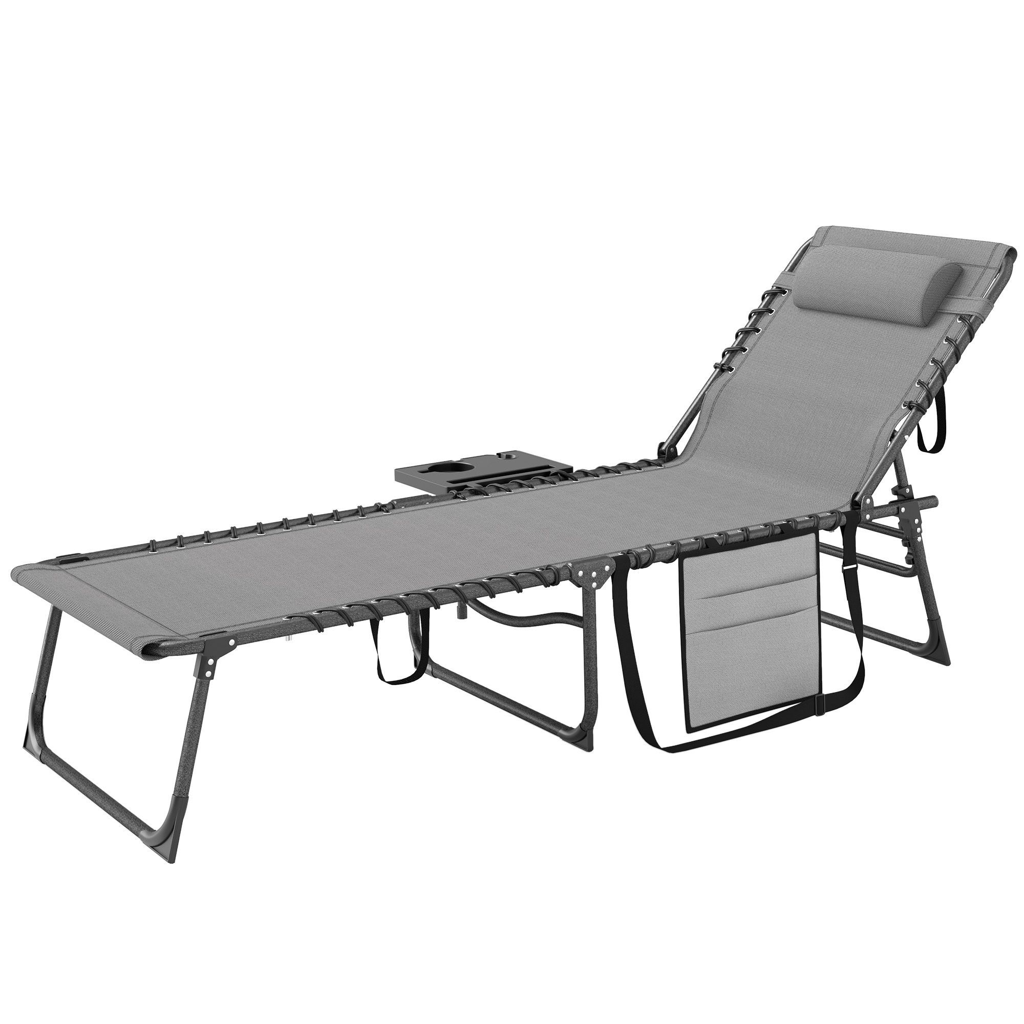 Outsunny Gartenliegestuhl Faltbar und Verstellbar in 5 Positionen mit Seitentisch und Tasche, 60x190x31 cm, Grau und Schwarz