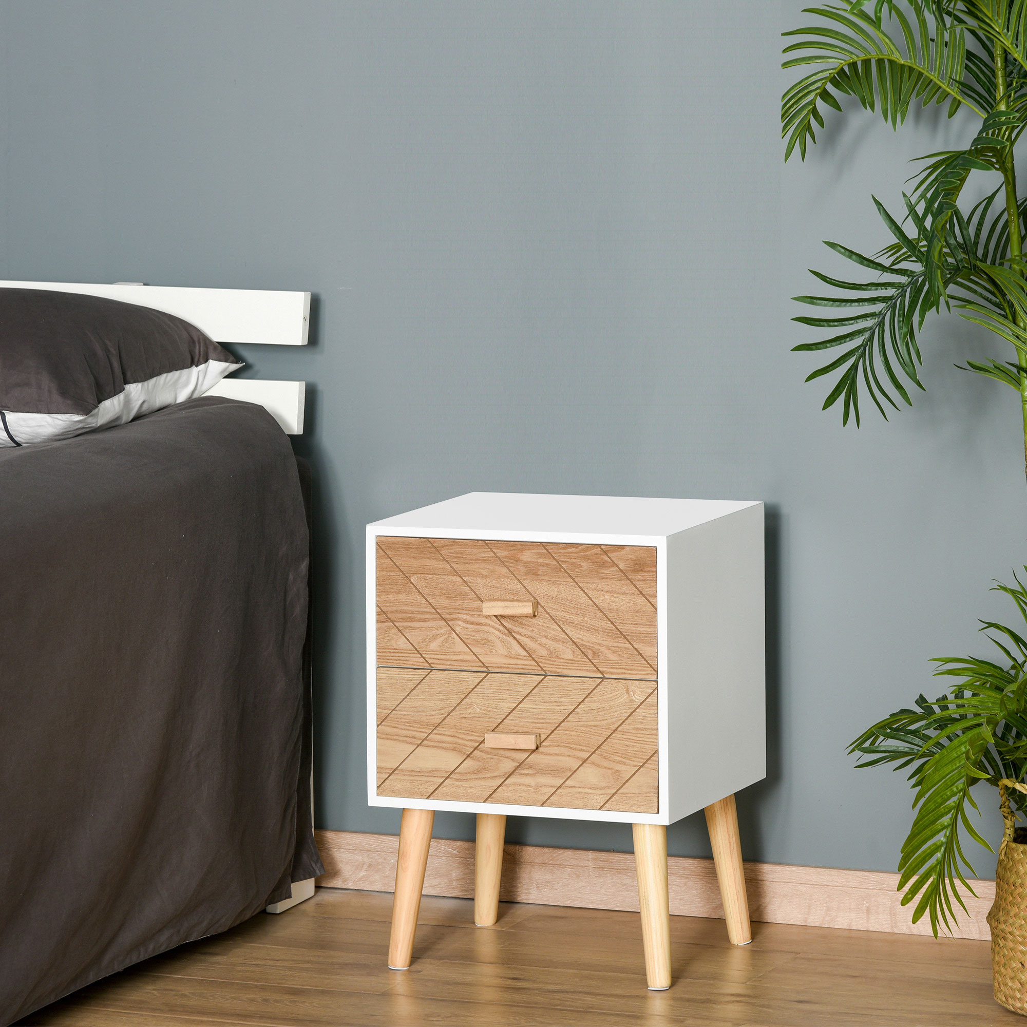 HOMCOM Nachttisch Nachtkommode Flurkommode mit Schubladen Holz weiß + natur 40 x 30 x 55,5 cm