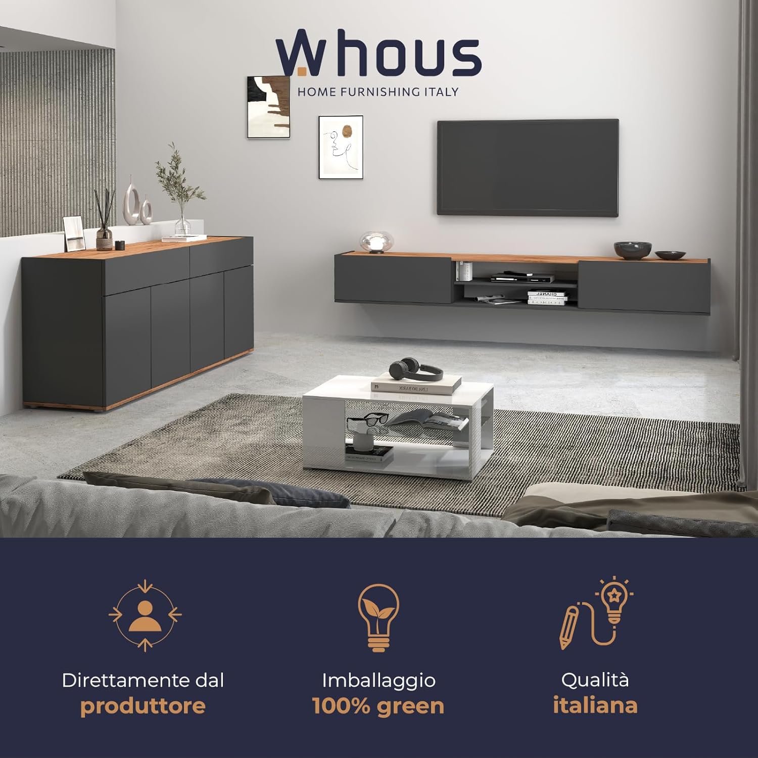 WHOUS Credenza e Buffet GARDA per Soggiorno con 2 Cassetti e 4 Ante, Madia per Salotto, Cucina e Sala da Pranzo in Legno, 160,1x35x70 cm, Antracite Opaco e Rovere
