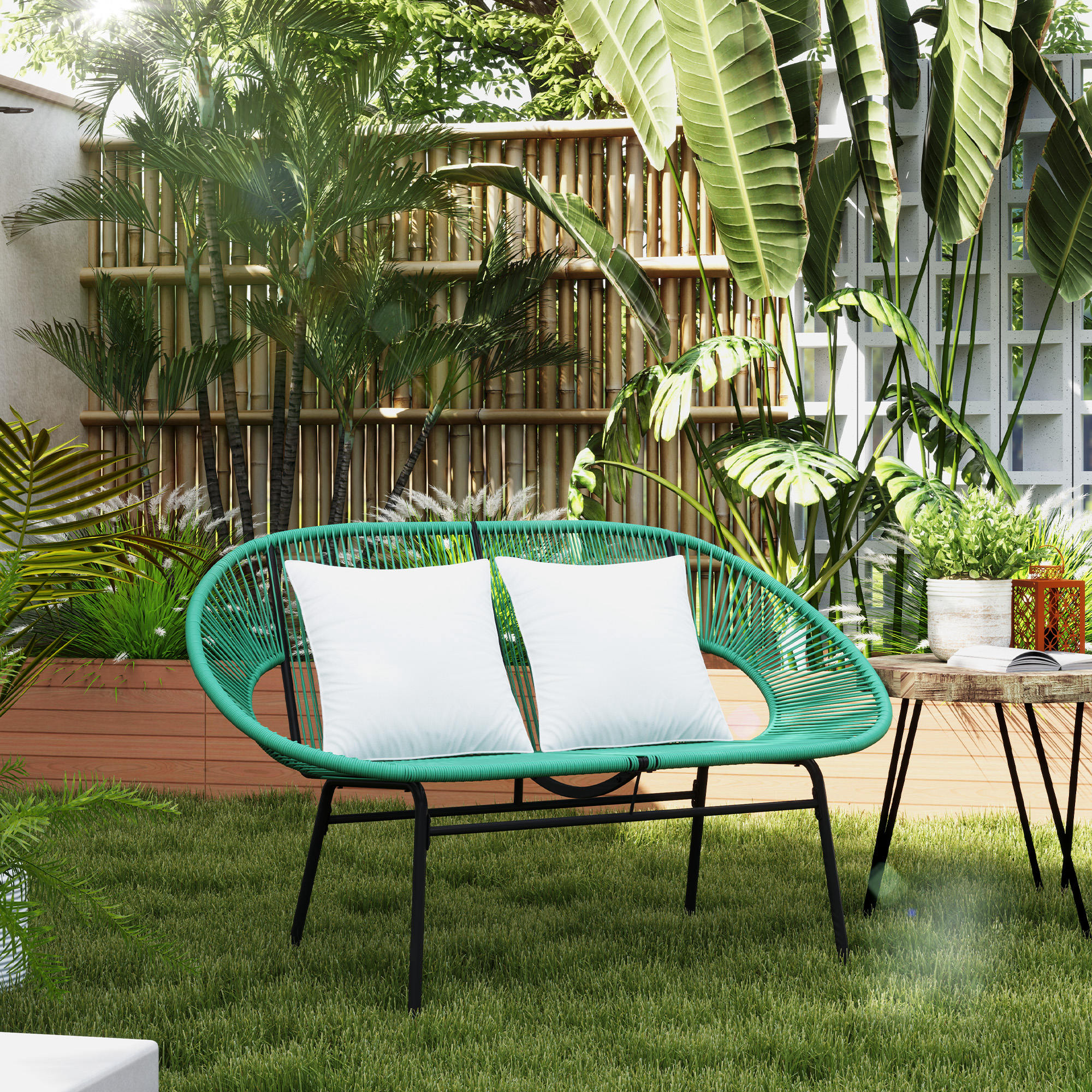 Outsunny Gartenbank 2-Sitzer aus Stahl und Rattan-Seilgeflecht mit 2 Kissen - Maße 132L x 72B x 83H cm - Dunkelgrün