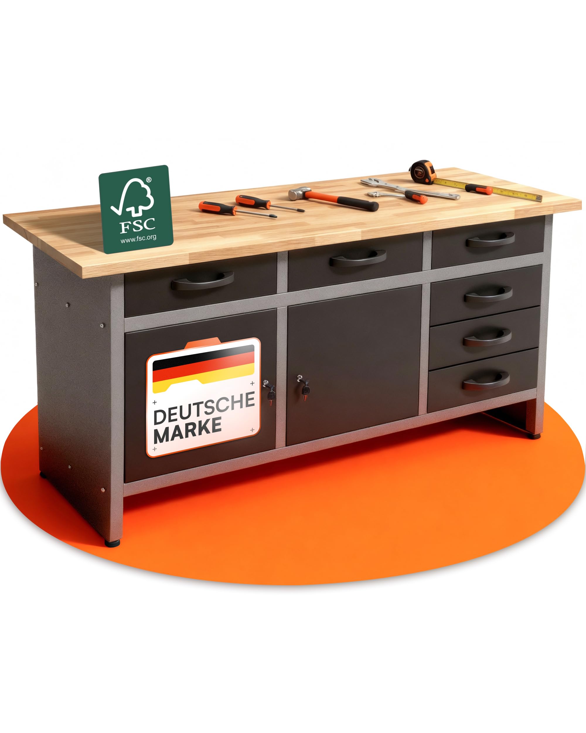 Werkbank mit 6 Schubladen und 2 abschließbaren Türen, 160 x 60 x 85 cm, Buchenholz-Arbeitsplatte, bis 510 kg belastbar