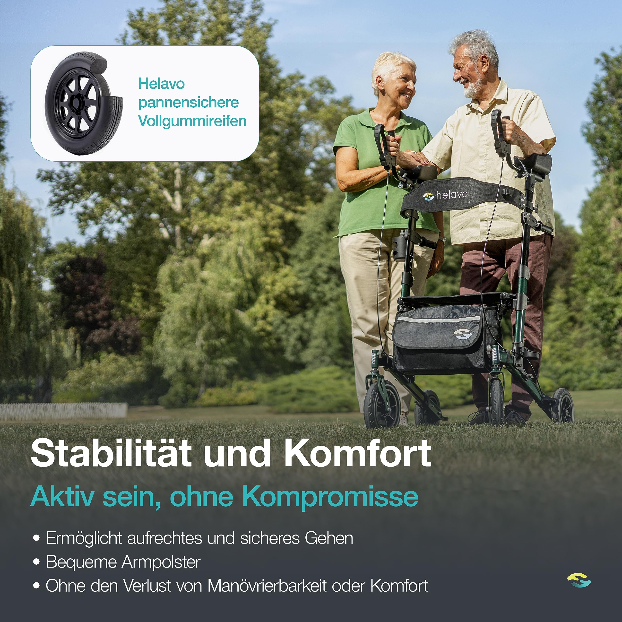 Helavo Outdoor Rollator bei Arthritis mit Sitz und gepolsterten Unterarmstützen für Senioren und Außenbereich