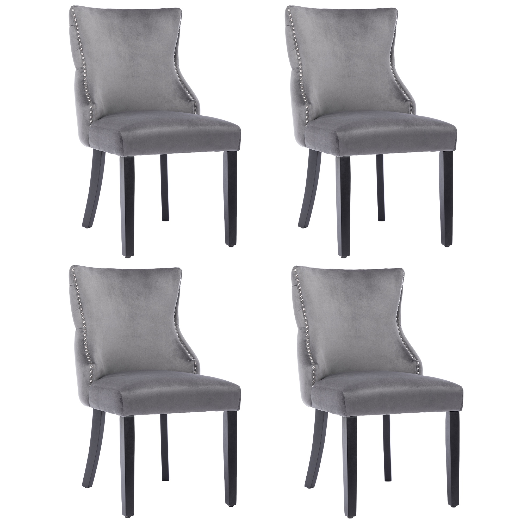 Set aus 4 gepolsterten Esszimmerstühlen mit Knopfheftung und Metallnieten, Samtoptik, Grau