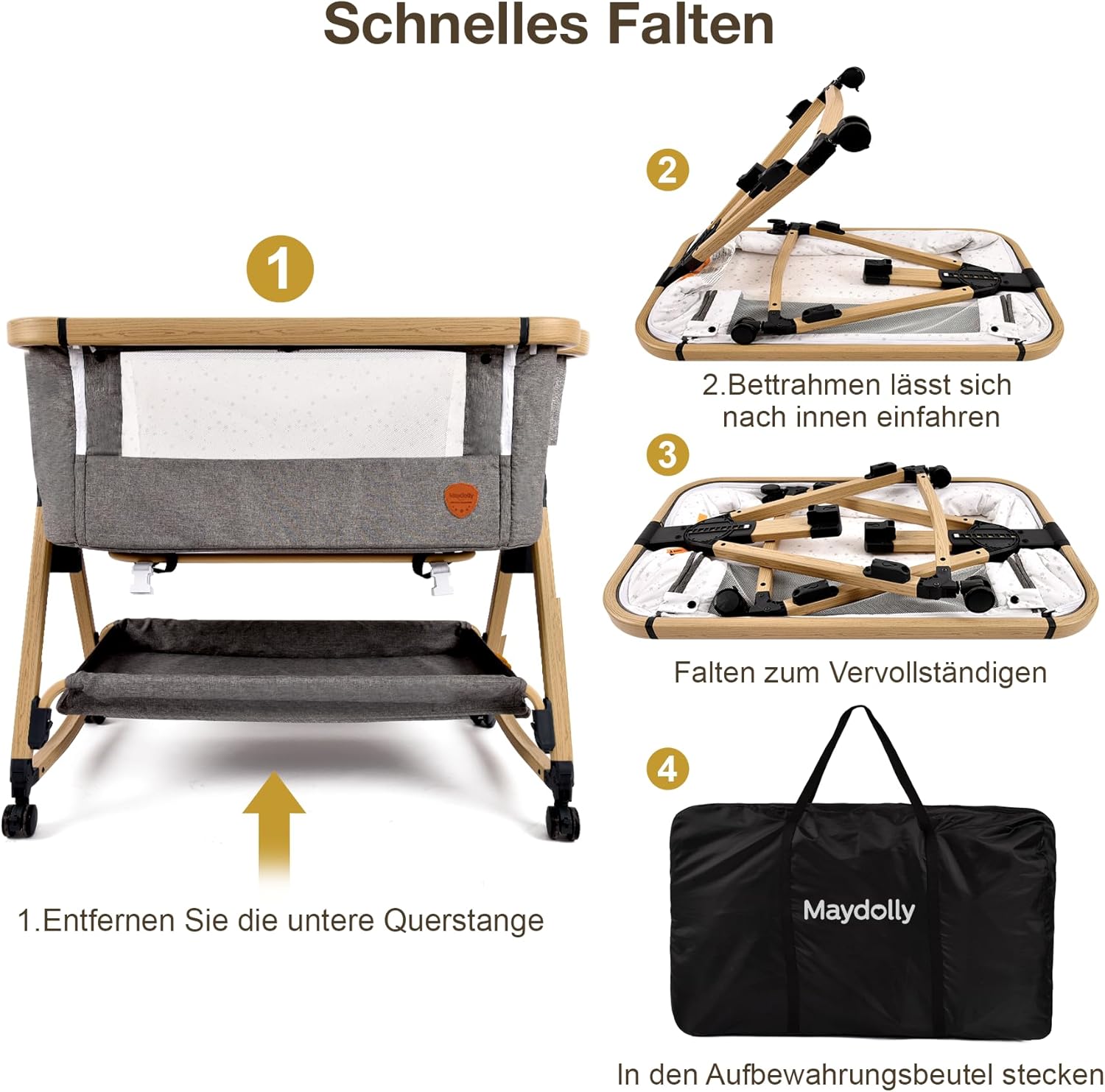Maydolly Beistellbett 3 in1 Babybetten Tragbar Babybett mit atmungsaktivem Netz und Laken, Verstellbarer Stubenwagen Beistellbett Grau