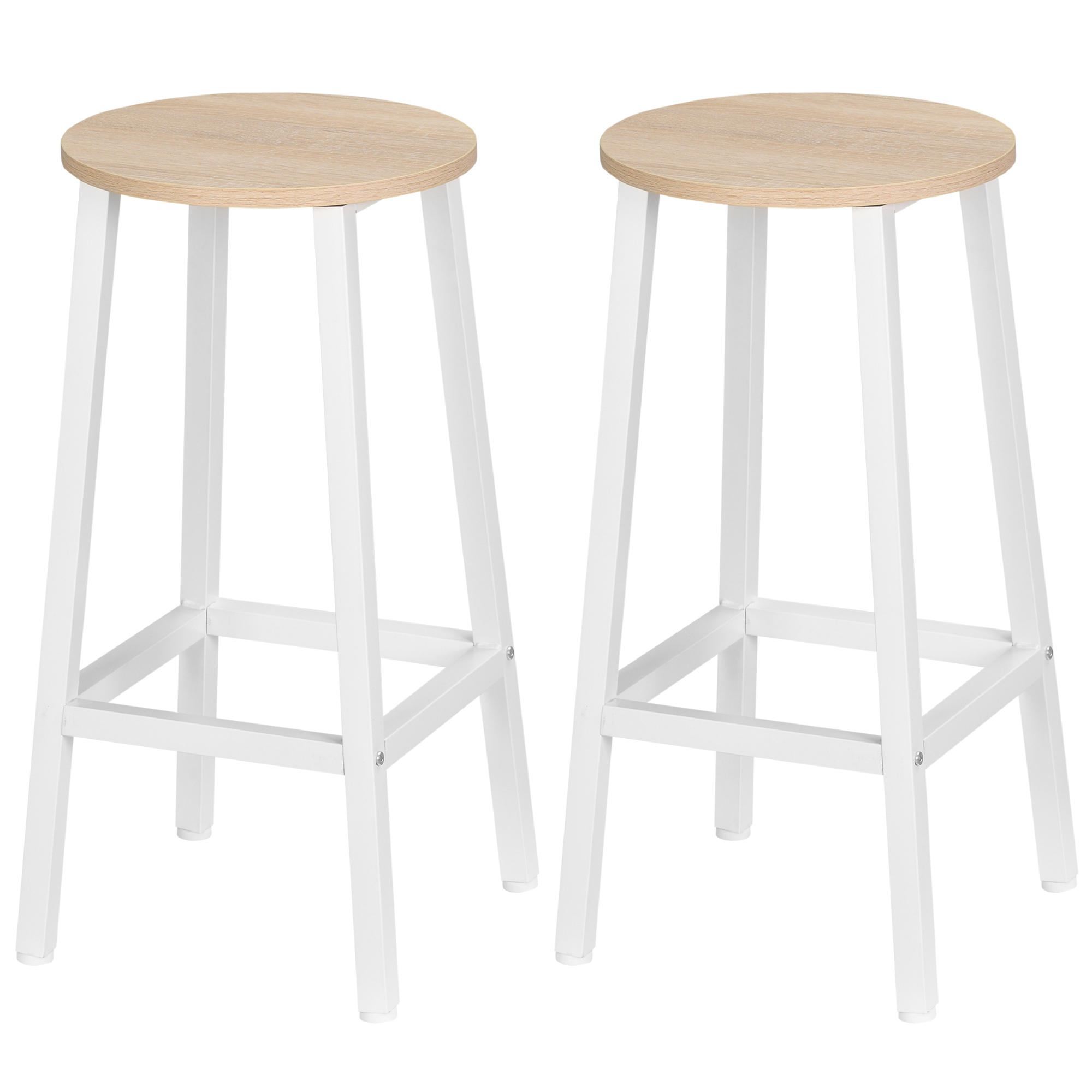 HOMCOM Set mit 2 modernen Barhockern Höhe 65 cm mit Fußstütze - Weiß und Holzoptik