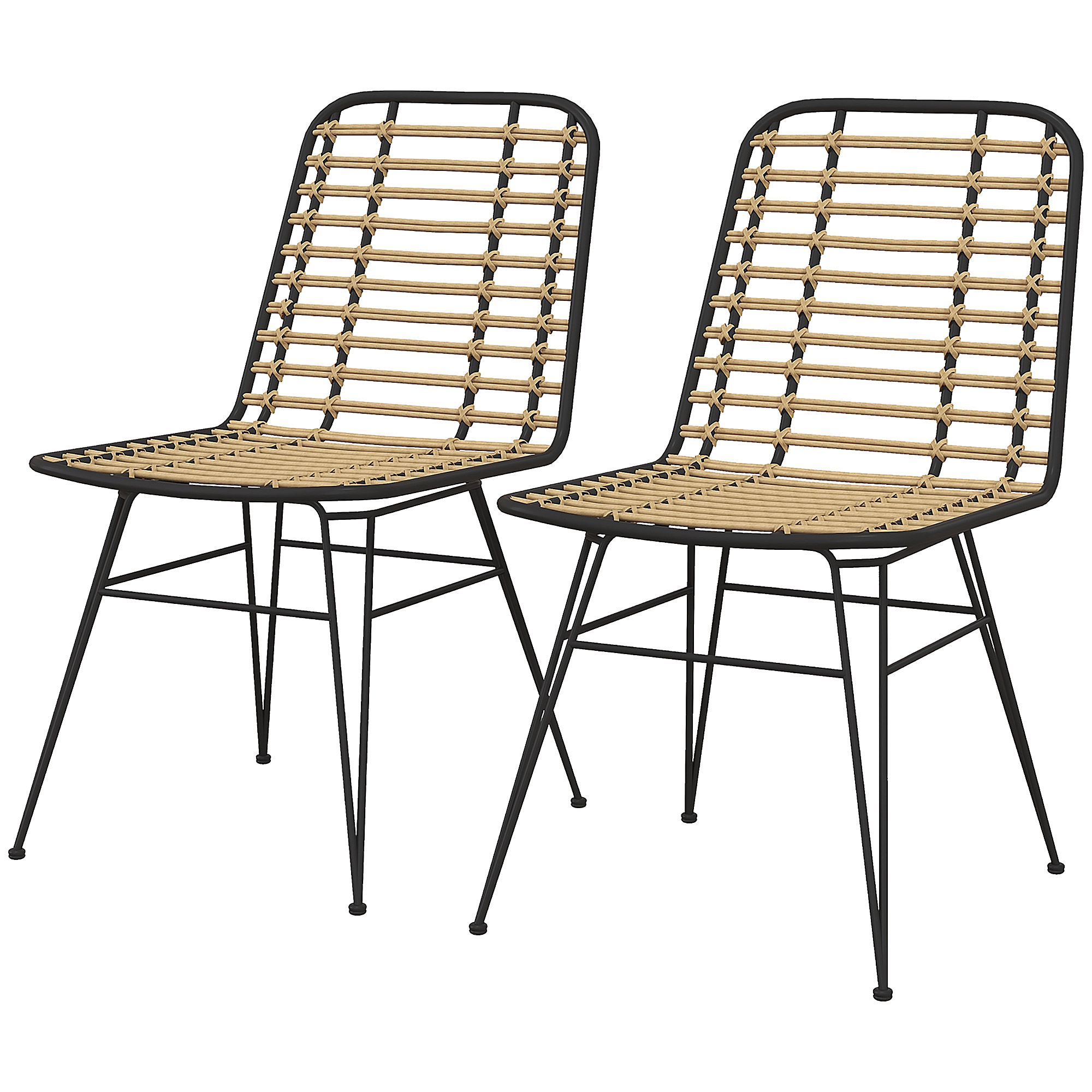 HOMCOM Set mit 2 Esszimmerstühlen mit Schwarzem Stahlgestell, geflochtenem Harzsitz in Rattanoptik, Bohème-Stil