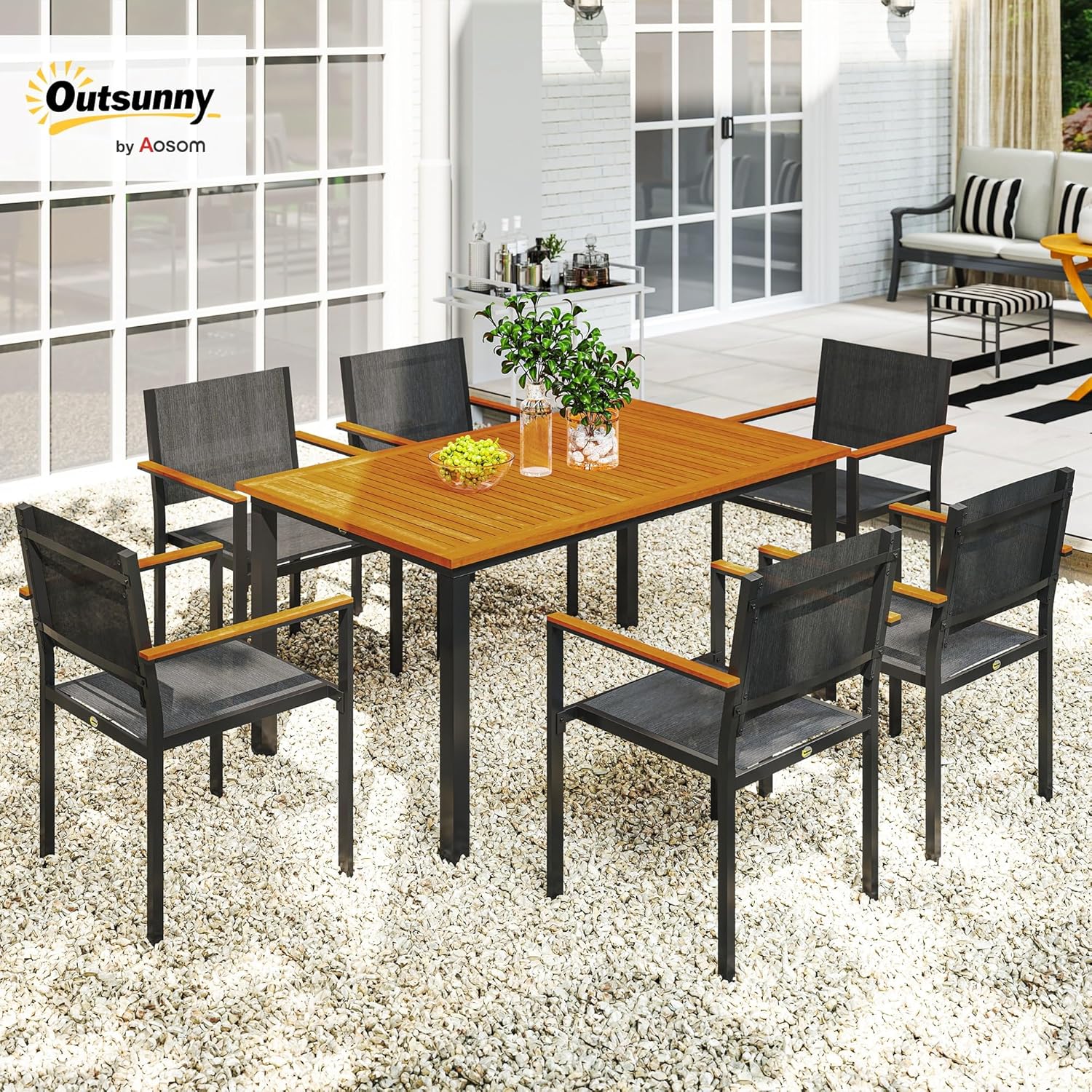 Outsunny Set Tavolo e Sedie da Esterno da 7 Pezzi, Set da Pranzo con Tavolo e 6 Sedie Impilabili con Braccioli, Mobili da Esterno in Acciaio, Texteline e Legno di Acacia per Terrazza, Teak