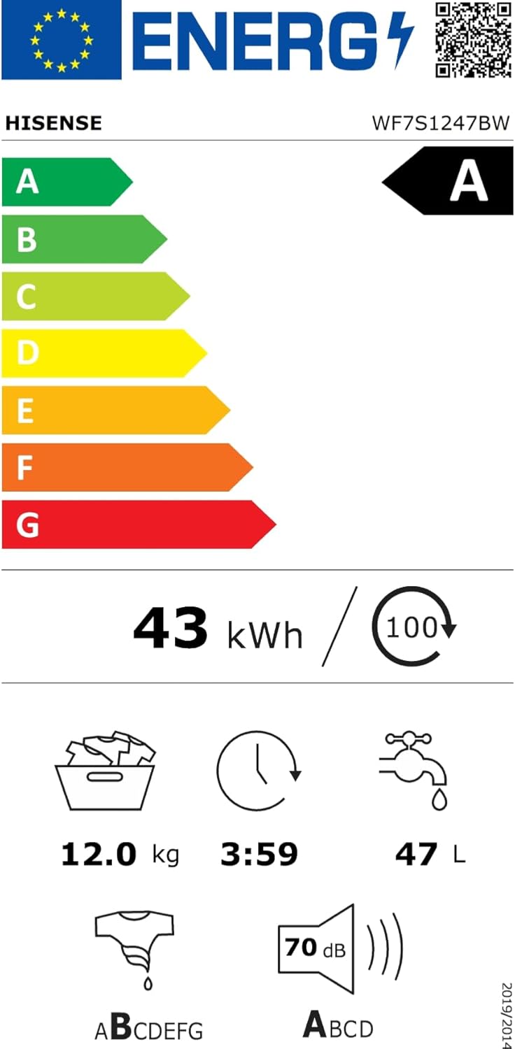 Hisense WFVB7012EM Front Load Washing Machine 7 kg 1200 rpm 15 Programs Steam LED Display Rapid Program Delay Start Child Lock