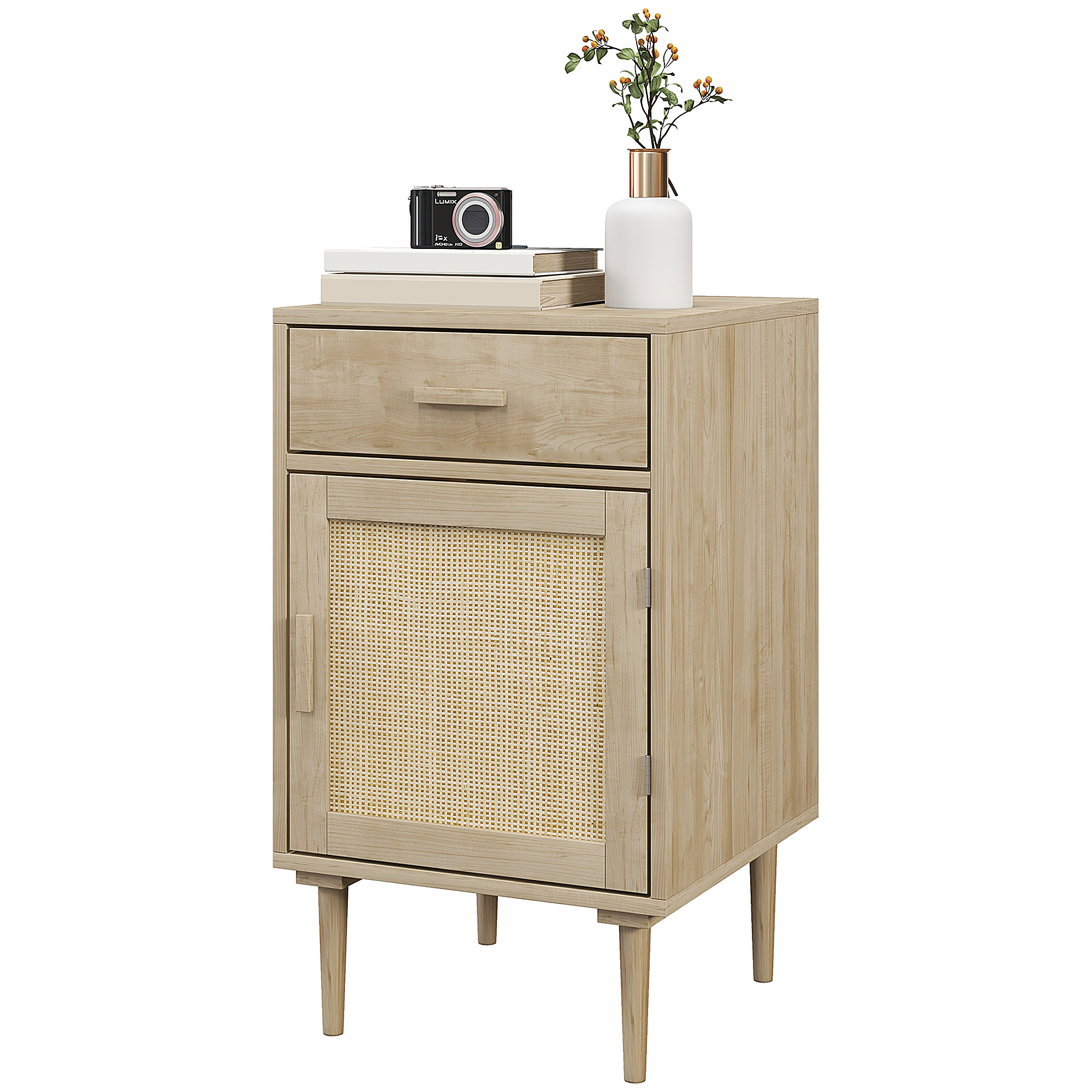 HOMCOM Nachttisch mit Schrank und geflochtener Rattantür + 1 Schublade Bohème Design - 40 x 40 x 68,5 cm Natur