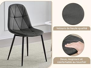 Sedia da pranzo moderna con rivestimento nero e gambe in metallo. Le immagini inserite evidenziano la trama del tessuto in velluto