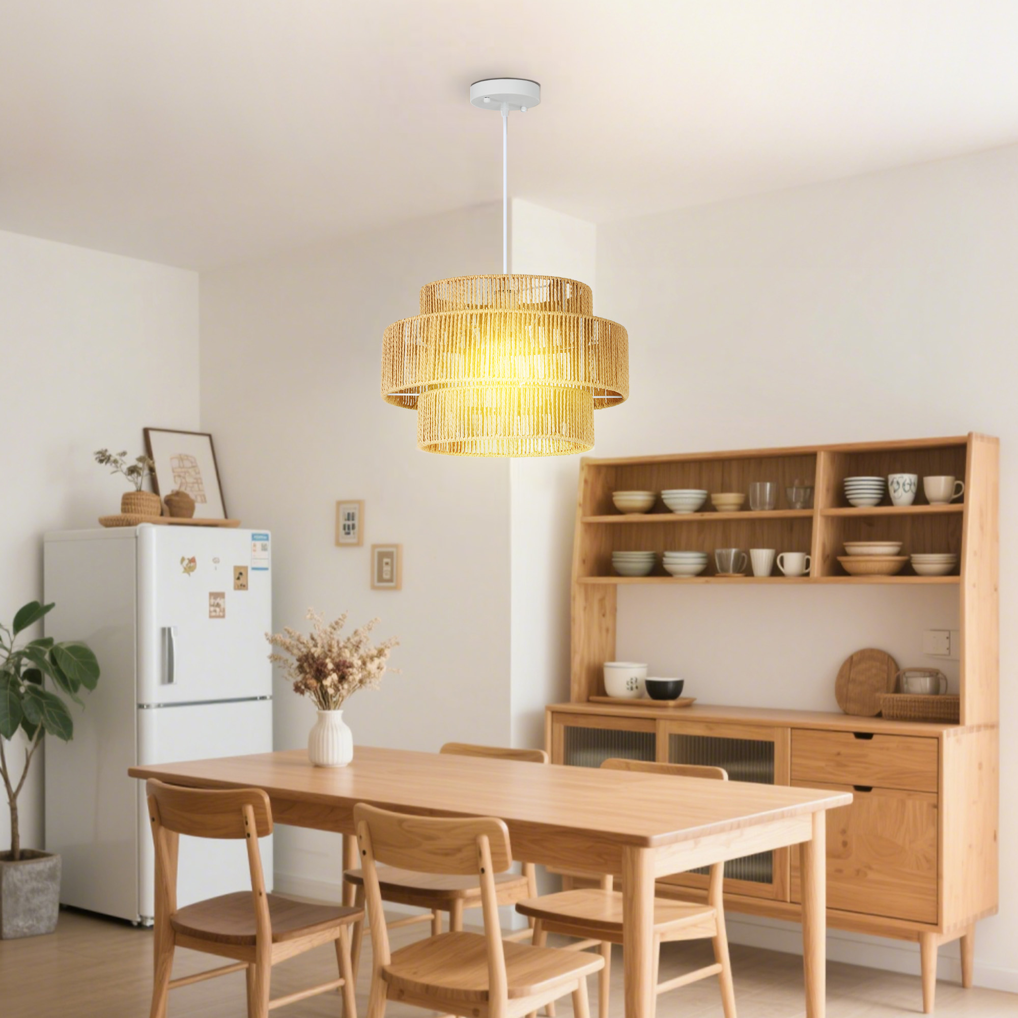 HOMCOM Hängelampe, 3-stufiger Lampenschirm, Metall, Hanfseil, Hellbraun