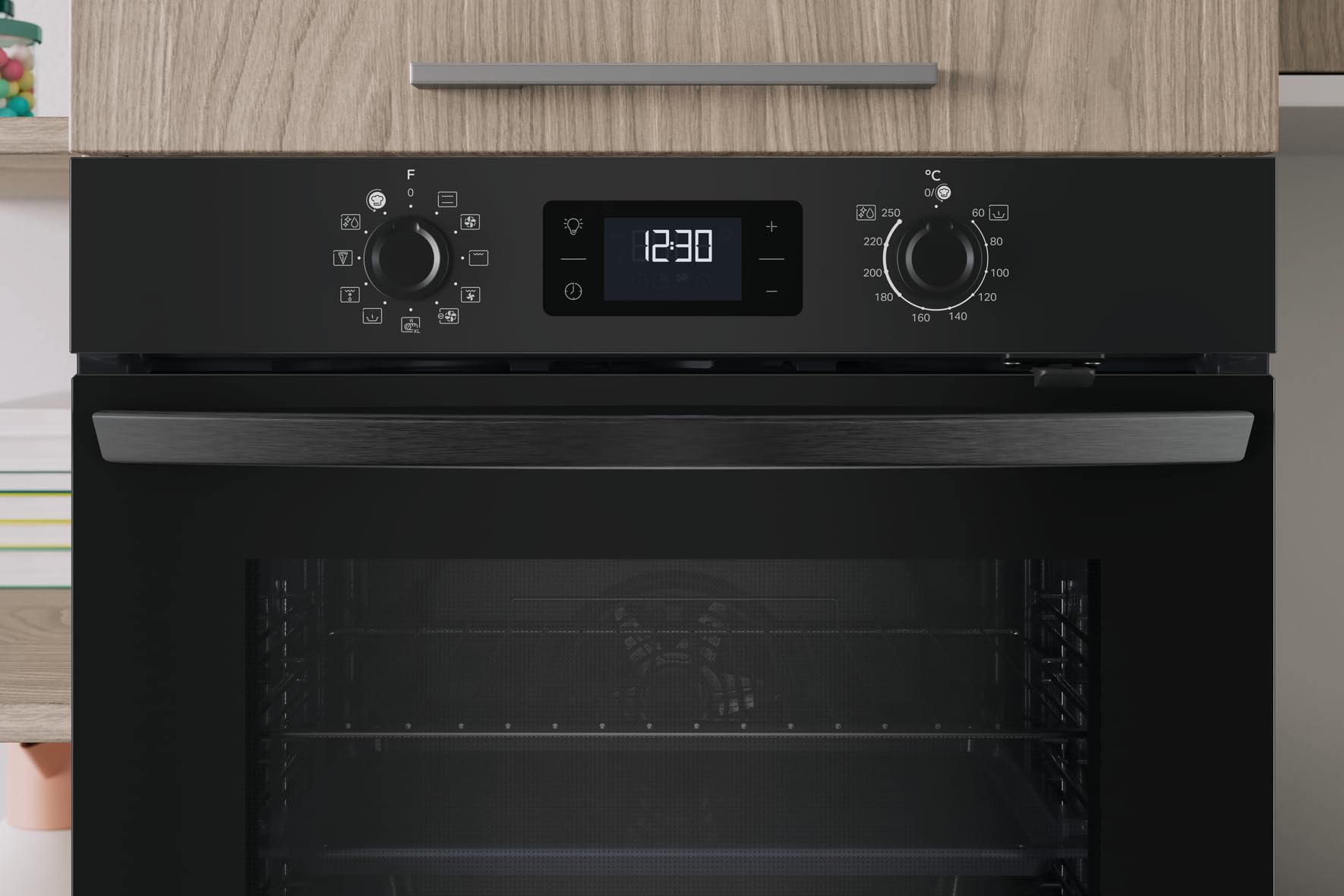 Einbaubackofen 71 L mit Hydrolyse-Reinigungsfunktion und Heißluft, 11 Funktionen, Black Glass