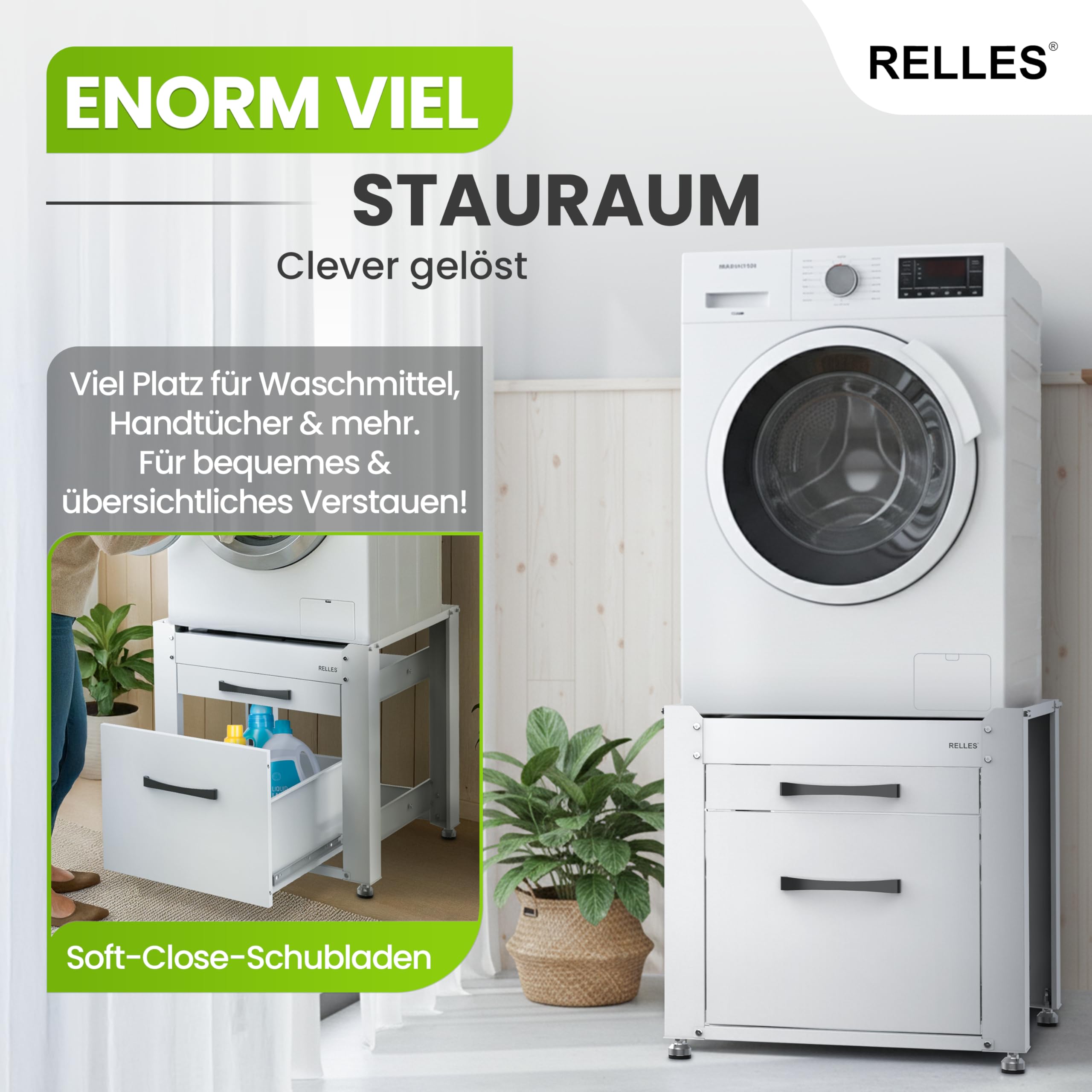 Untergestell für Waschmaschine und Trockner mit Schublade und Ablage, 500 kg Tragkraft, Stahl, 62x62x57,5 cm, höhenverstellbare Füße