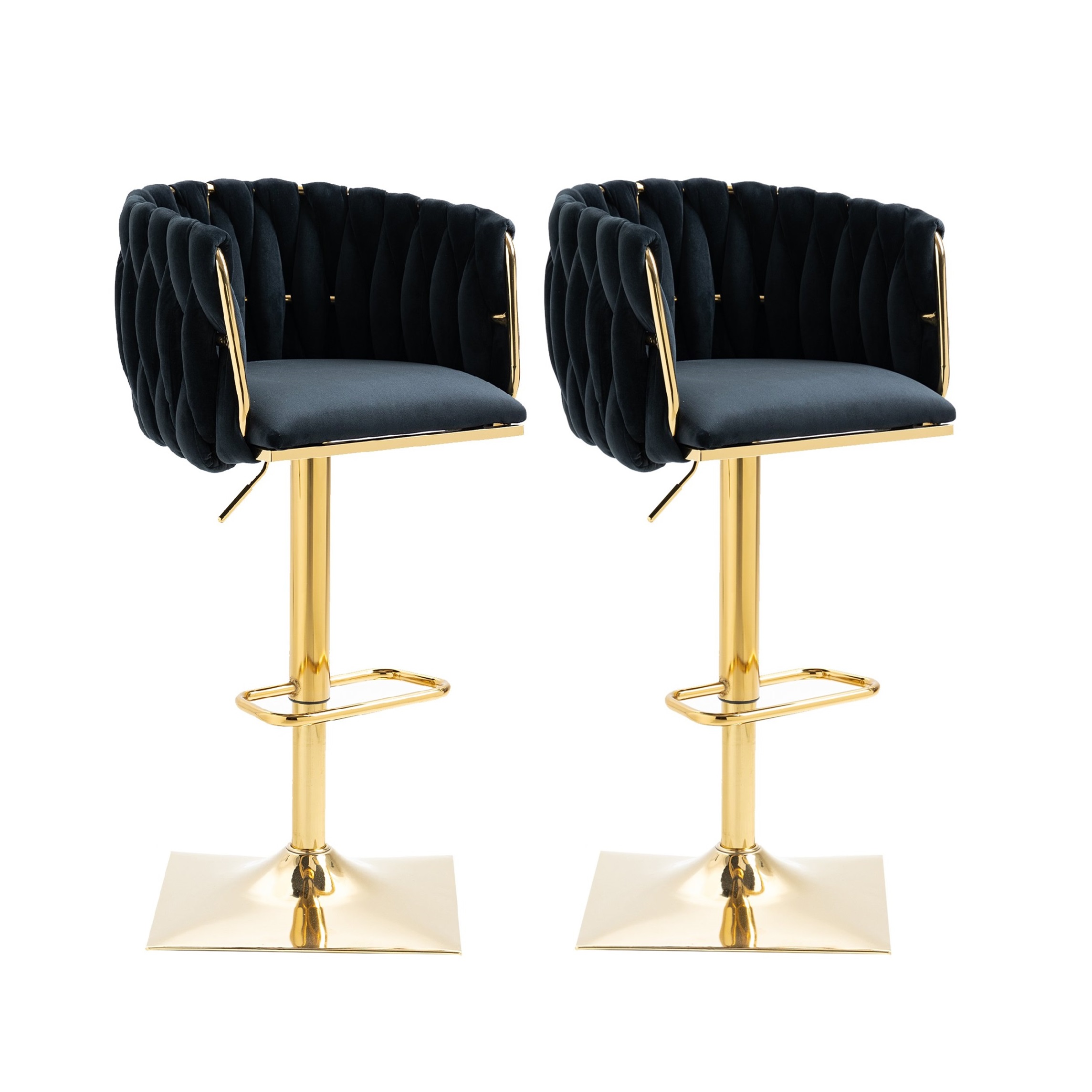 2 Art-déco Barhocker mit Lehne und Fußstütze, höhenverstellbar und 360° drehbar, Schwarz