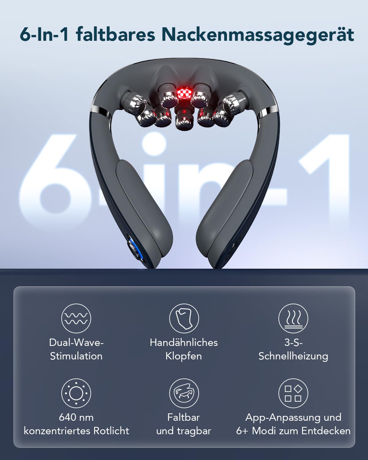 Faltbares Nackenmassagegerät G7 Pro Fold mit Wärme, 9 Vibrationsköpfe, kabellos, 2400-mAh-Akku, grau