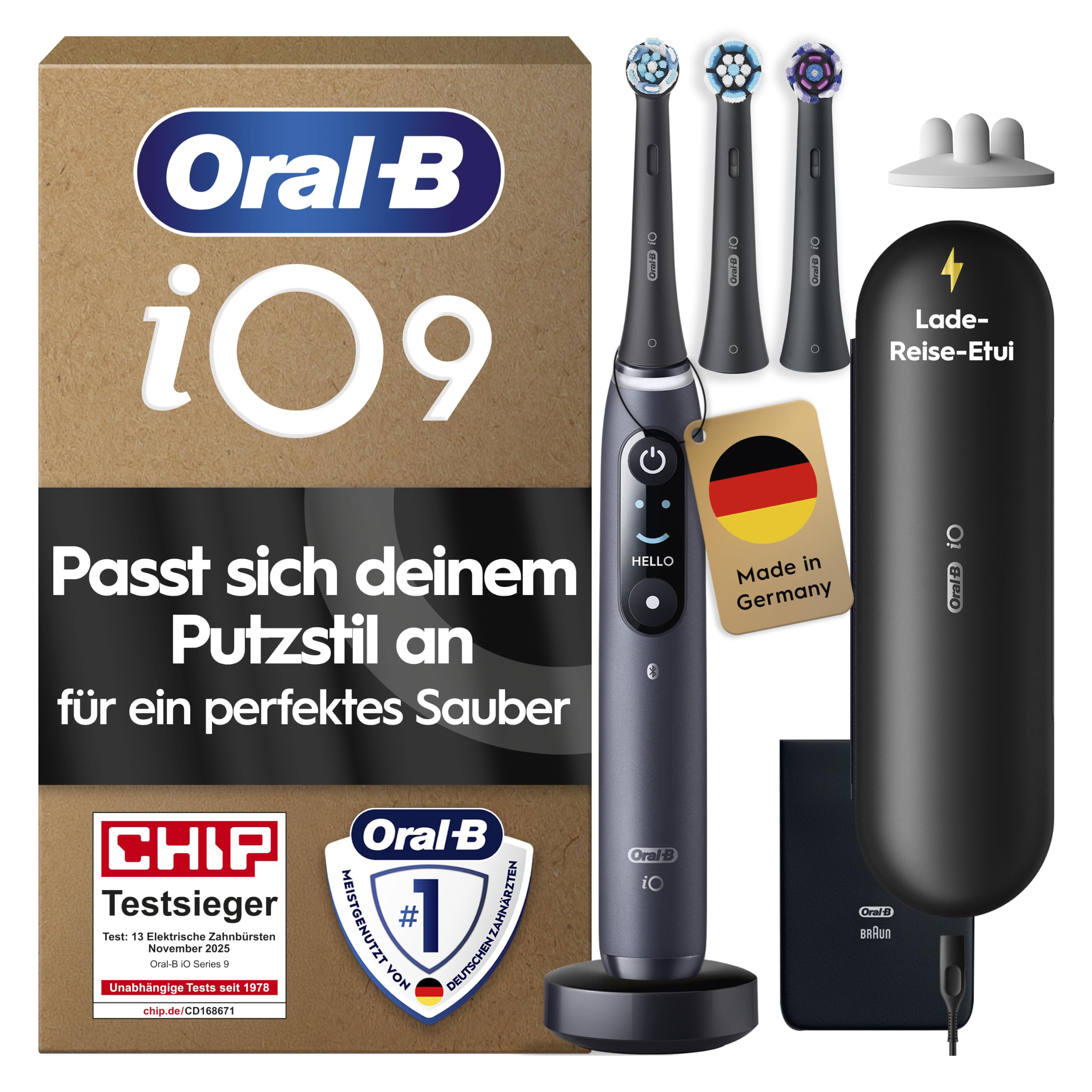 Oral-B iO Series 9 Elektrische Zahnbürste Schwarz mit Magnetladegerät Drucksensor Reiseetui 7 Putzmodi