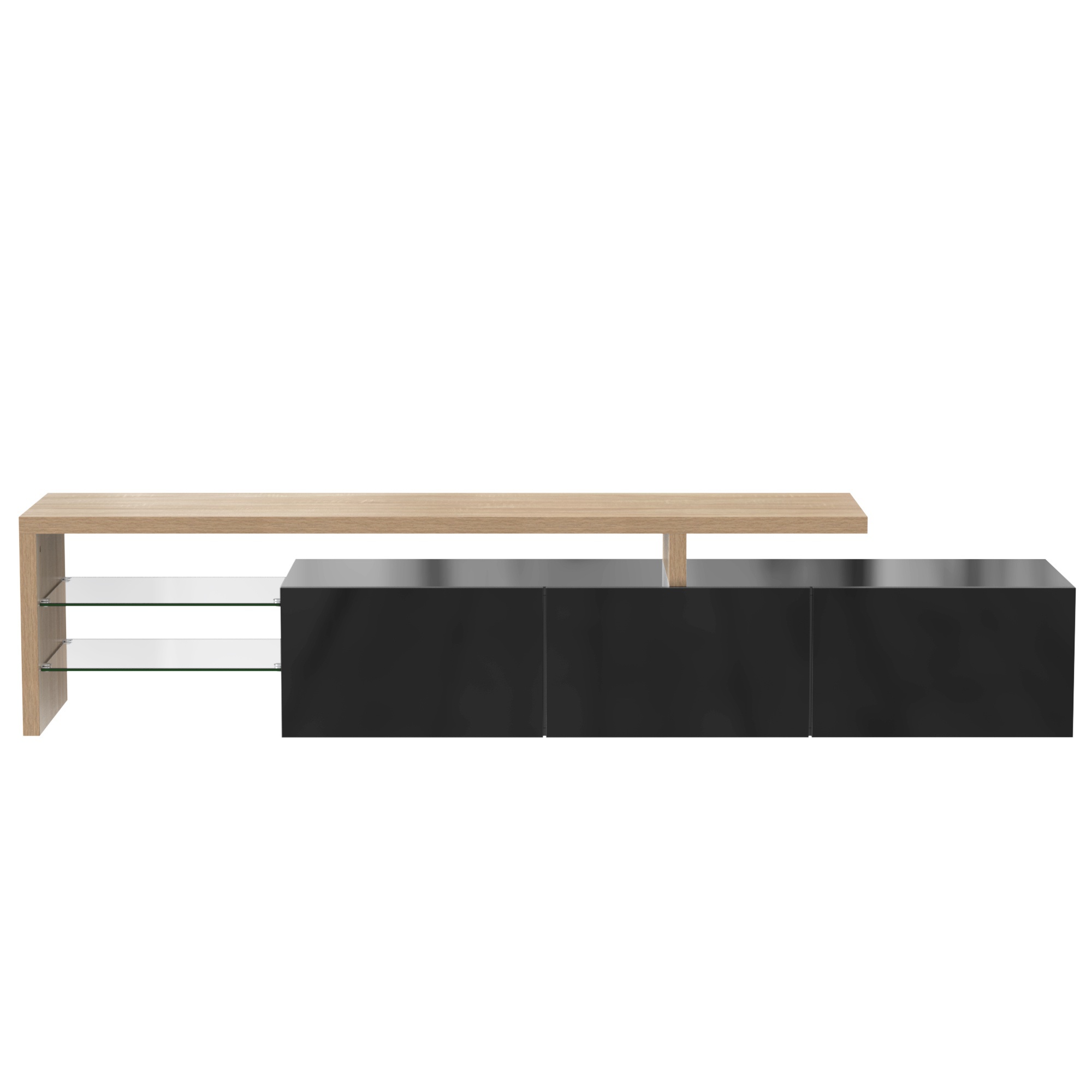 Moderner TV-Schrank mit Hochglanz, Glasböden und LED-Beleuchtung, Natürlich+Schwarz