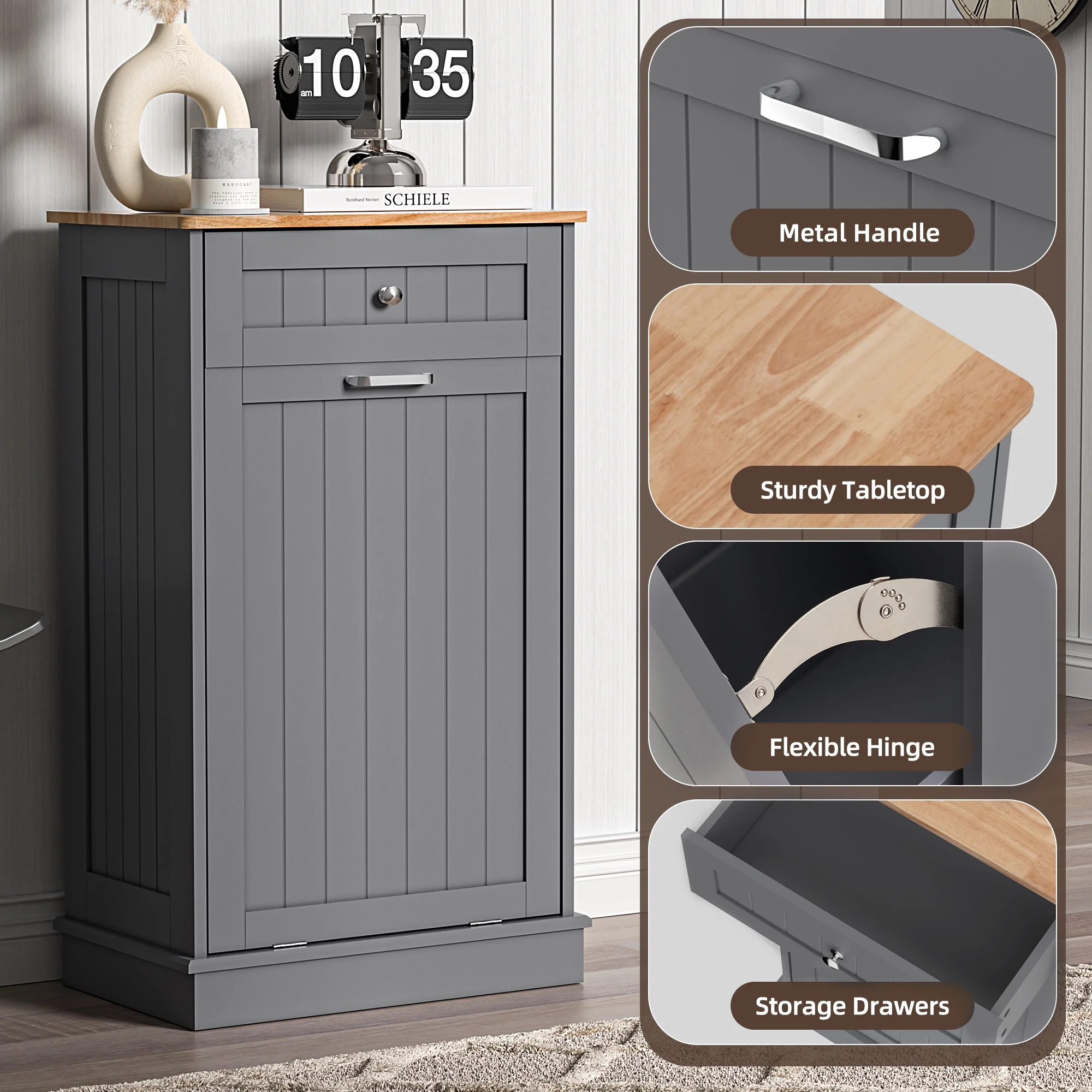HARIPUL Single Tilt Out Trash Cabinet for 13 Gallon Waste Bin, Free Standing Kitchen Trash Can Cabinet with Drawers, White