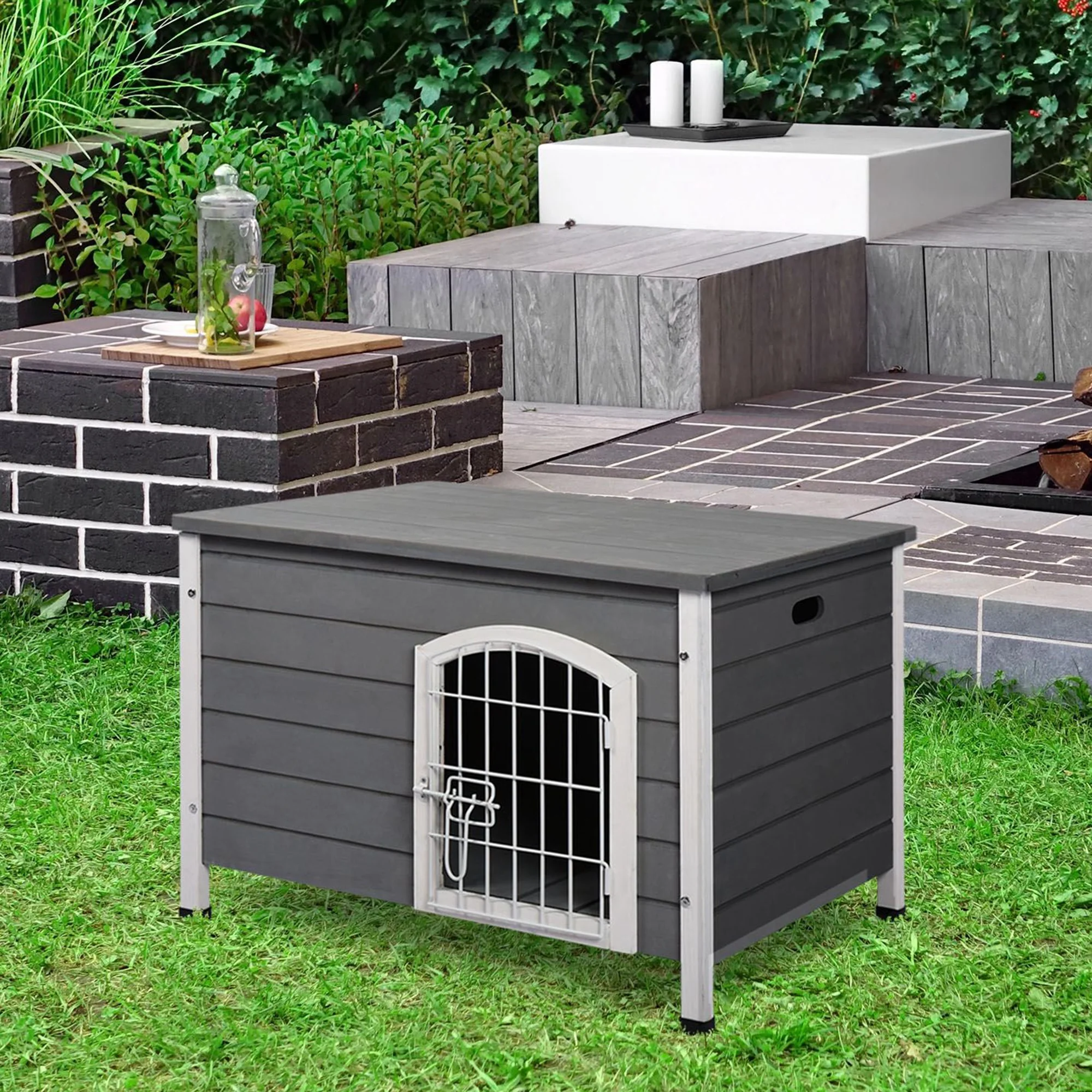 Easycomfort Cuccia per Cani da Esterno in Legno Impermeabile con Porta Richiudibile, 80x55x53.5 cm, Grigia