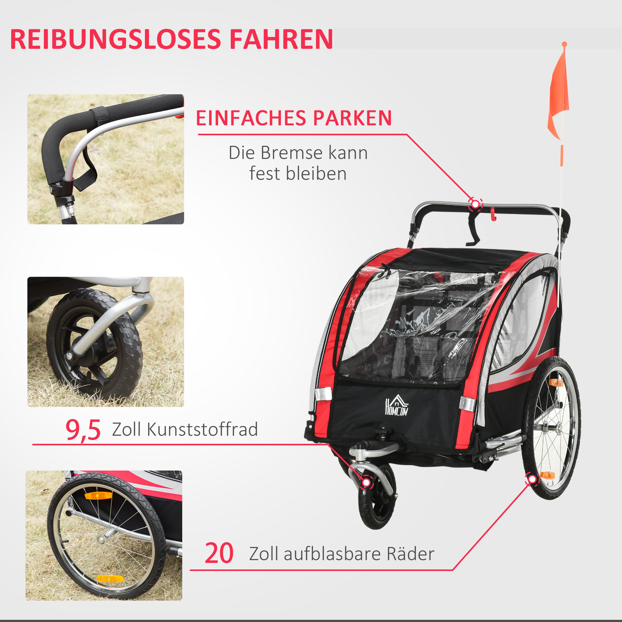 2 in 1 kinderfietskar, kinderkar met vering, rood + zwart
