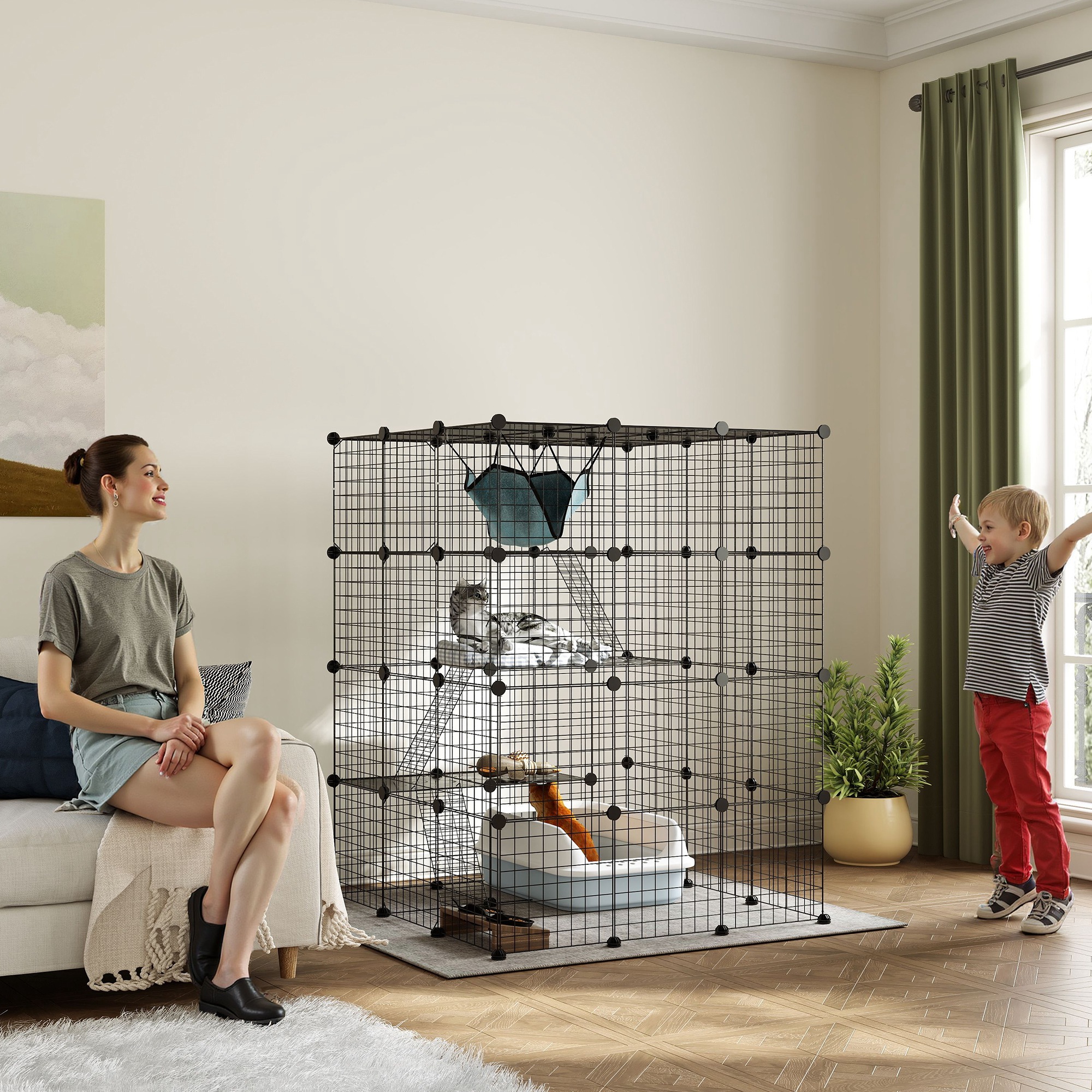 PawHut Kleintierkäfig Kaninchen Innengehege 4 Ebenen anpassbare Gitterpaneele 105 x 105 x 140 cm Schwarz