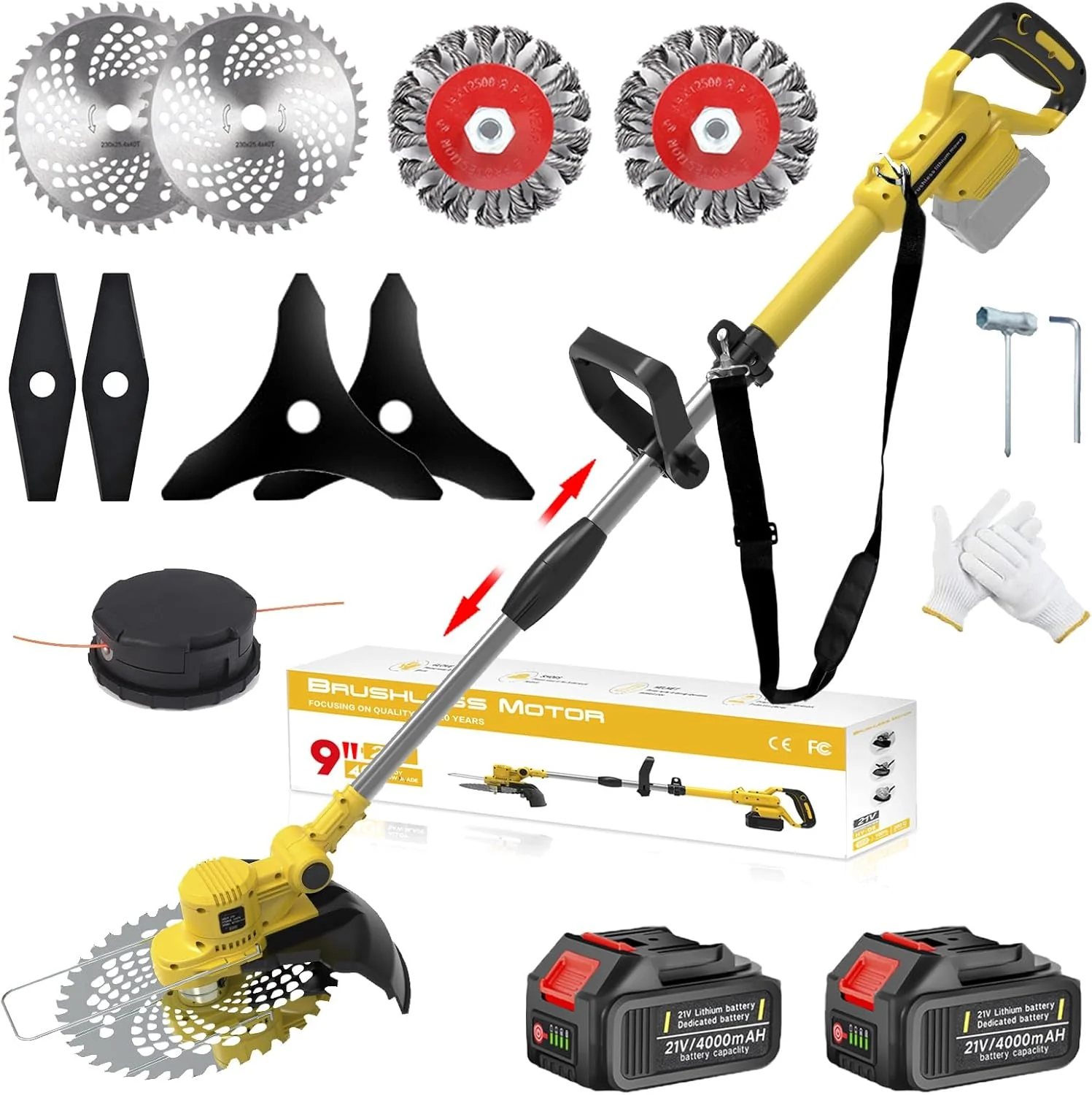 Accu grastrimmer met accu en onkruidborstel, grastrimmer op accu met 5 soorten messen, 21 V borstelloze bosmaaier op accu, met 2 accu's 4.0Ah voor het trimmen in de tuin (Grijs)