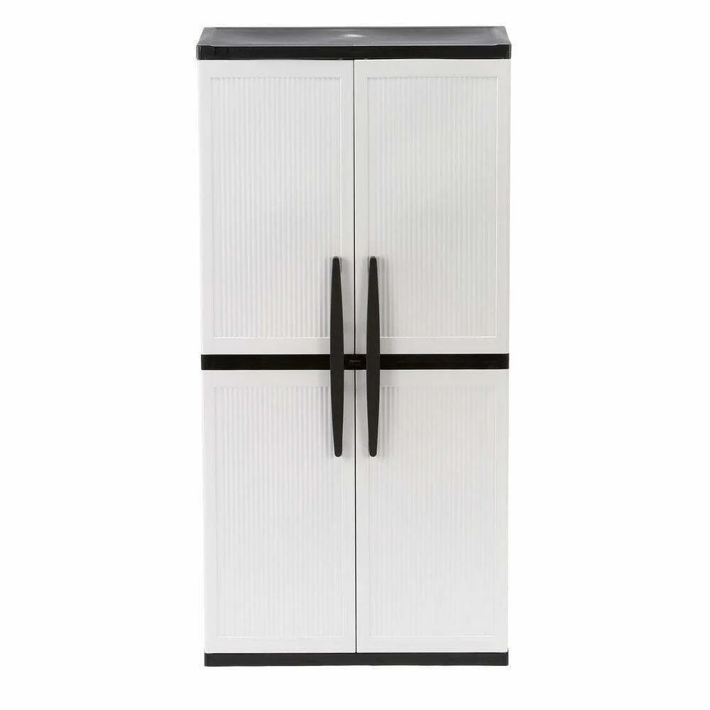 Freestanding garage cabinet made of grey plastic, model 2025, 89 cm W x 180 cm H x 46 cm D, with adjustable shelves and lockable doors.