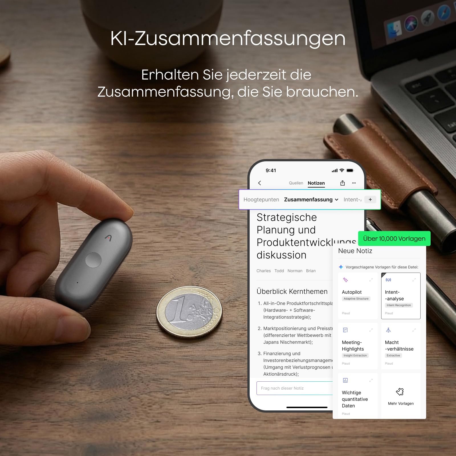 KI-Diktiergerät NotePin S 64 GB 20 Std. Aufnahme KI-Transkription 112 Sprachen 4 Tragevarianten mit USB-C-Ladestation