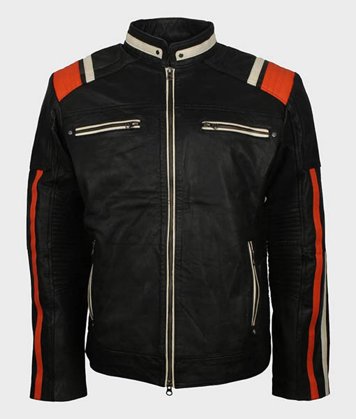 Mens Cafe Racer Striped Black Retro Biker Jacket