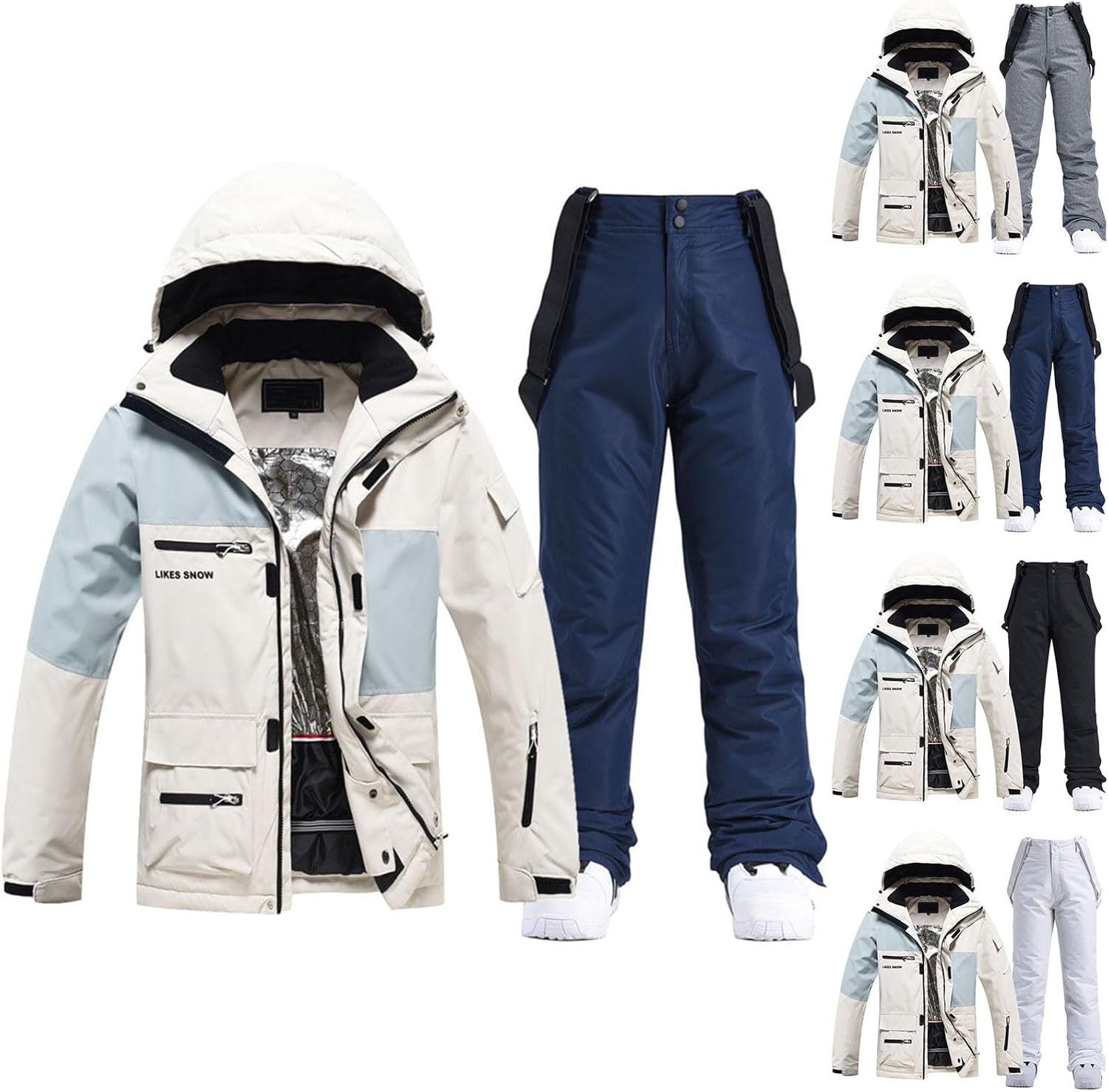 Damen Schneeanzug, Damen Skijacke & Skihose Set, Schneeanzug Wasserdicht Warm Winterjacke mit Abnehmbare Kapuzen zum Skifahren Snowboarden