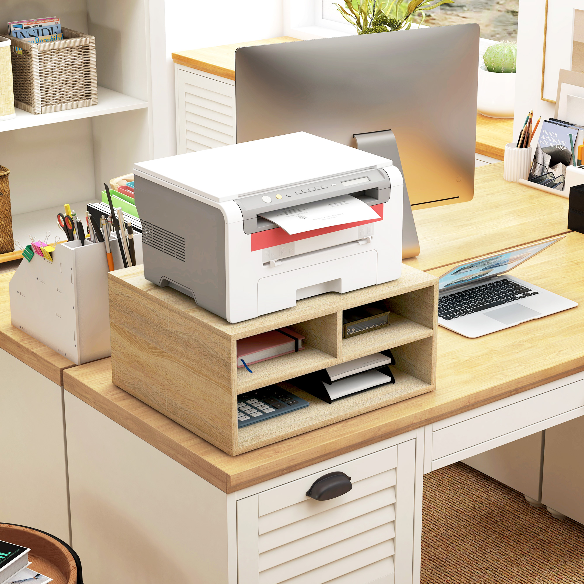 HOMCOM Büroorganisator in Holzoptik mit 3 Fächern für Drucker Zubehörständer Abmessungen 47L x 40B x 22,5H cm